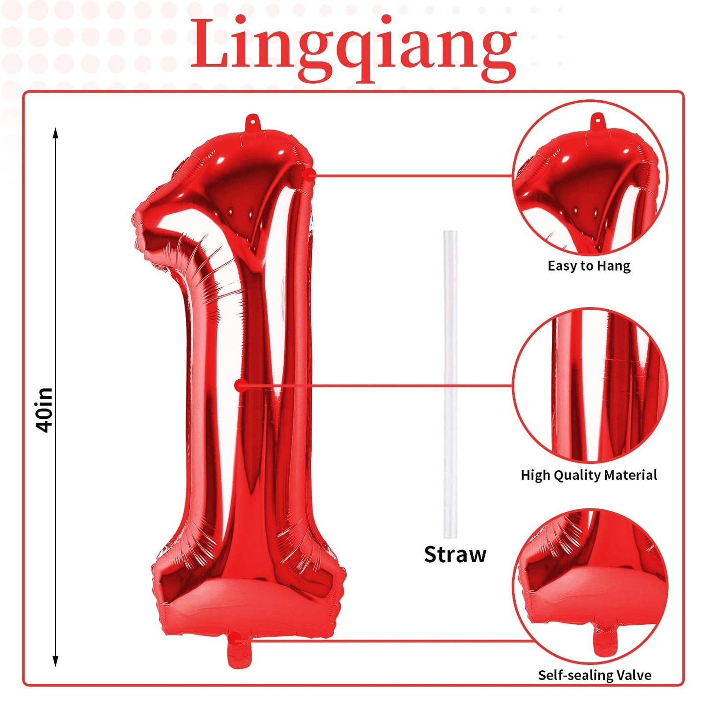 Lingqiang Red Number 1 Balloon – 40-Inch Large Foil Numeral 1 Balloon for Birthday & Event Decor
