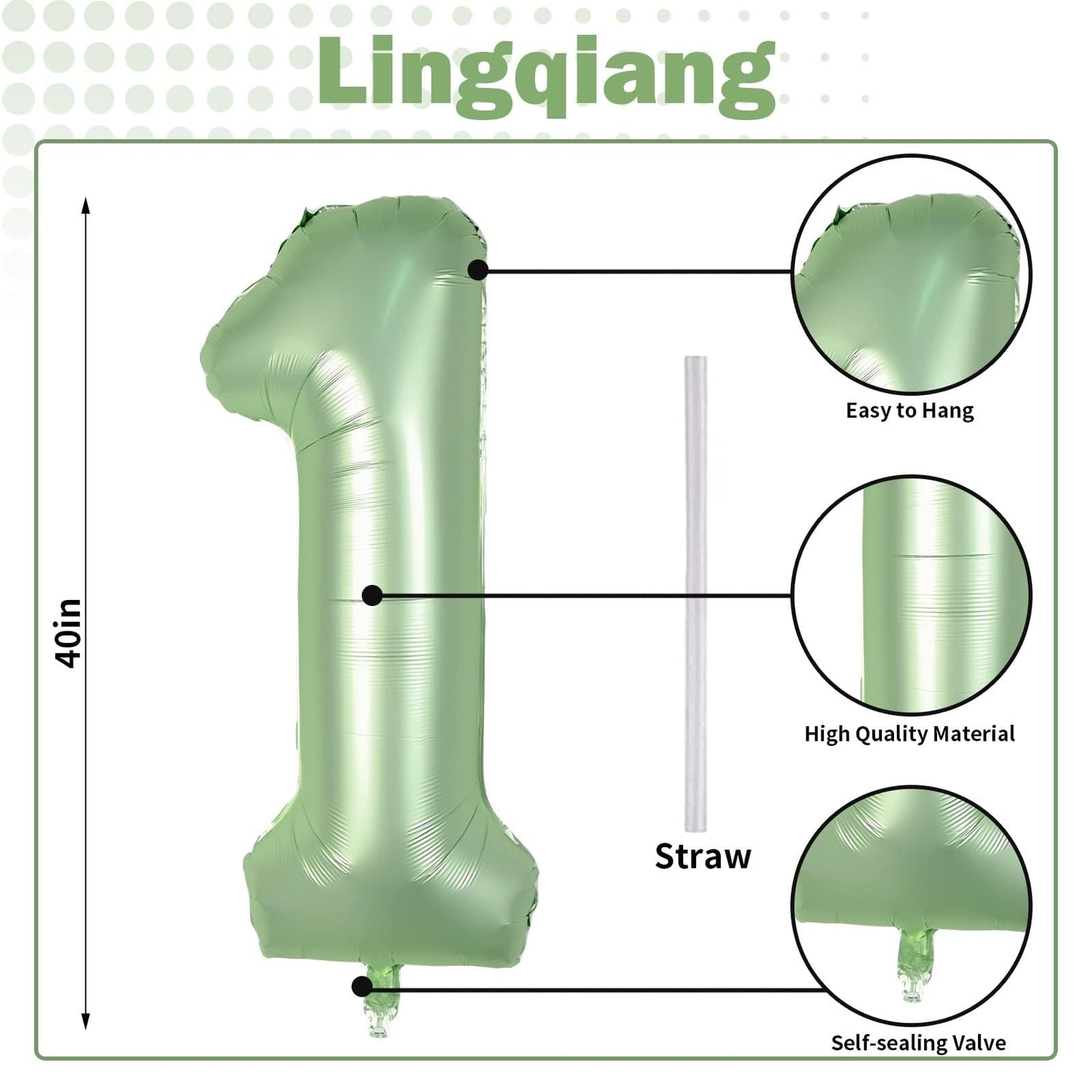 Lingqiang Sage Green 40in Number 1 Balloon — Giant Olive Foil Birthday Balloon
