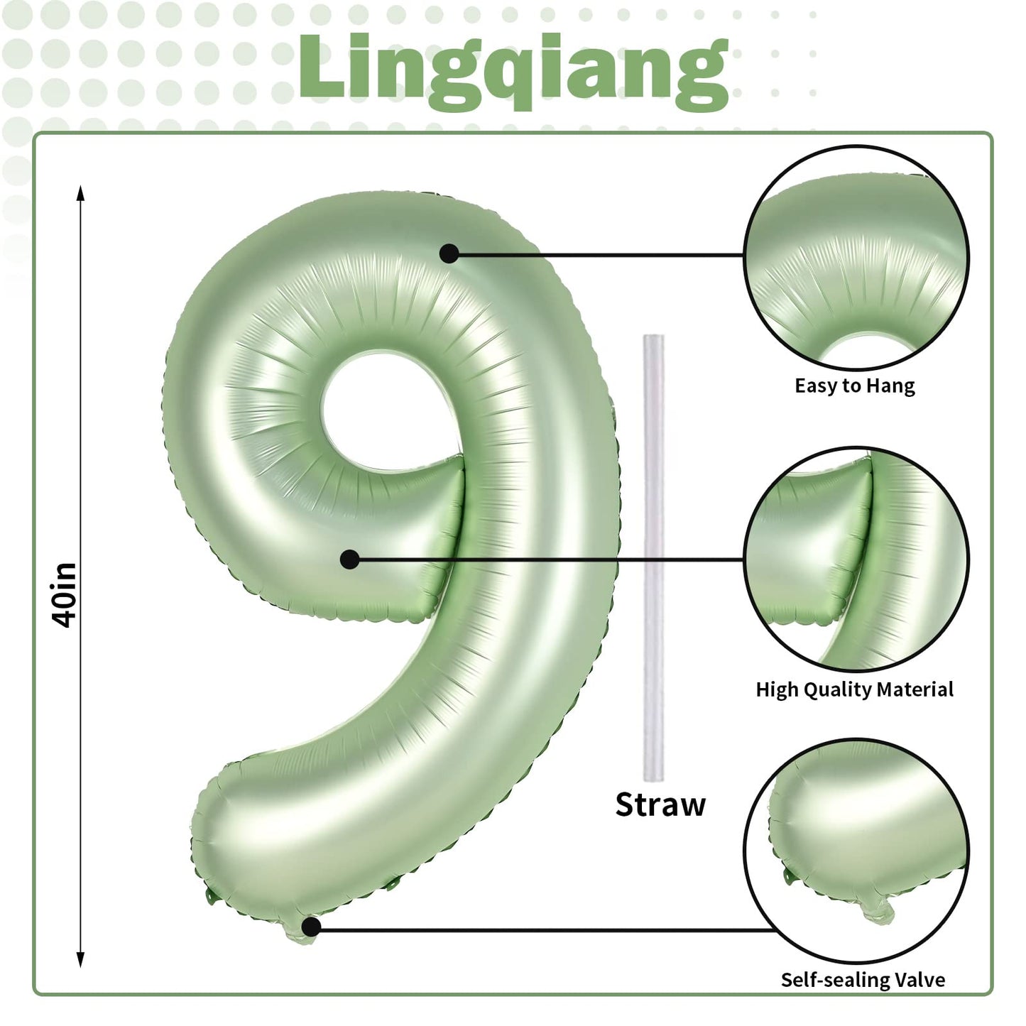 Lingqiang 40'' Sage Green Number 9 Balloon – Self-Inflating Foil Balloon for Birthdays & Celebrations