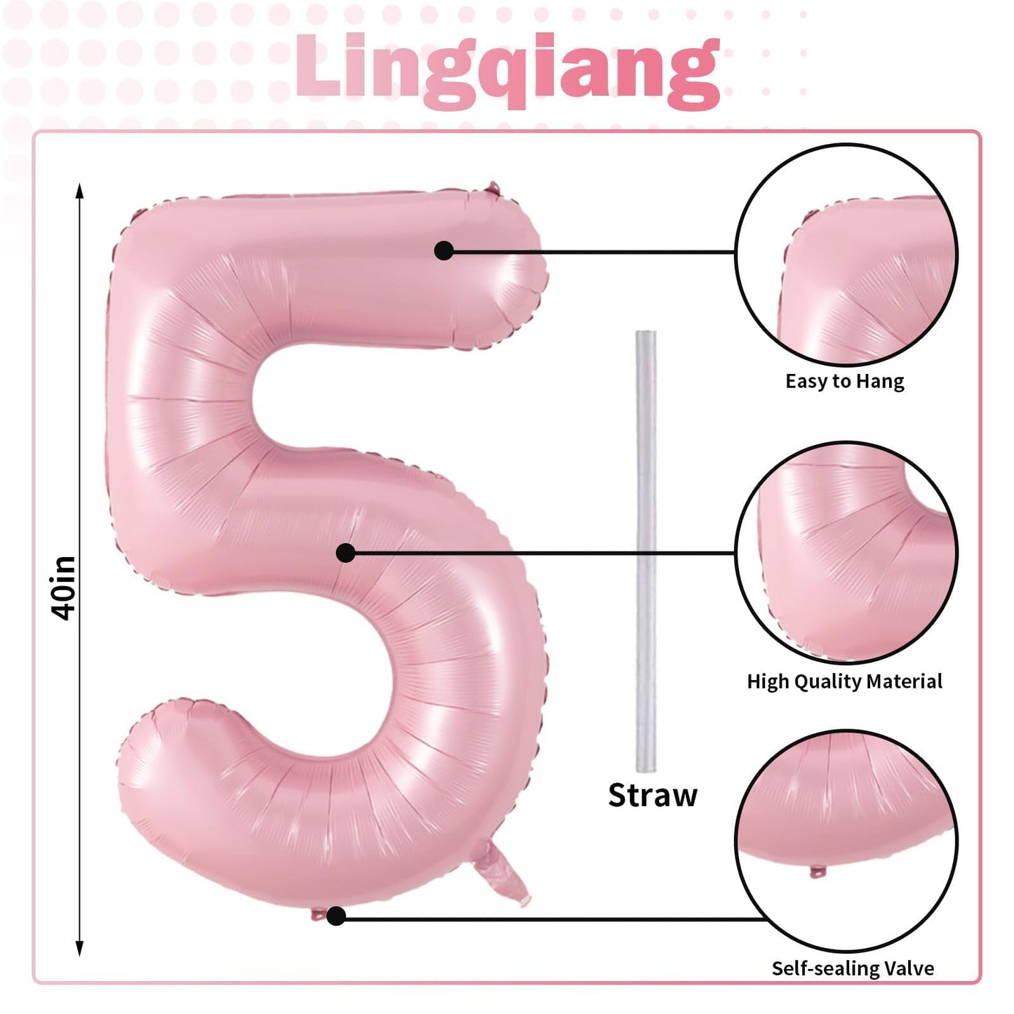 Lingqiang 40-Inch Light Pink Number 5 Foil Balloon – Self-Inflating Giant 5th Birthday Decor