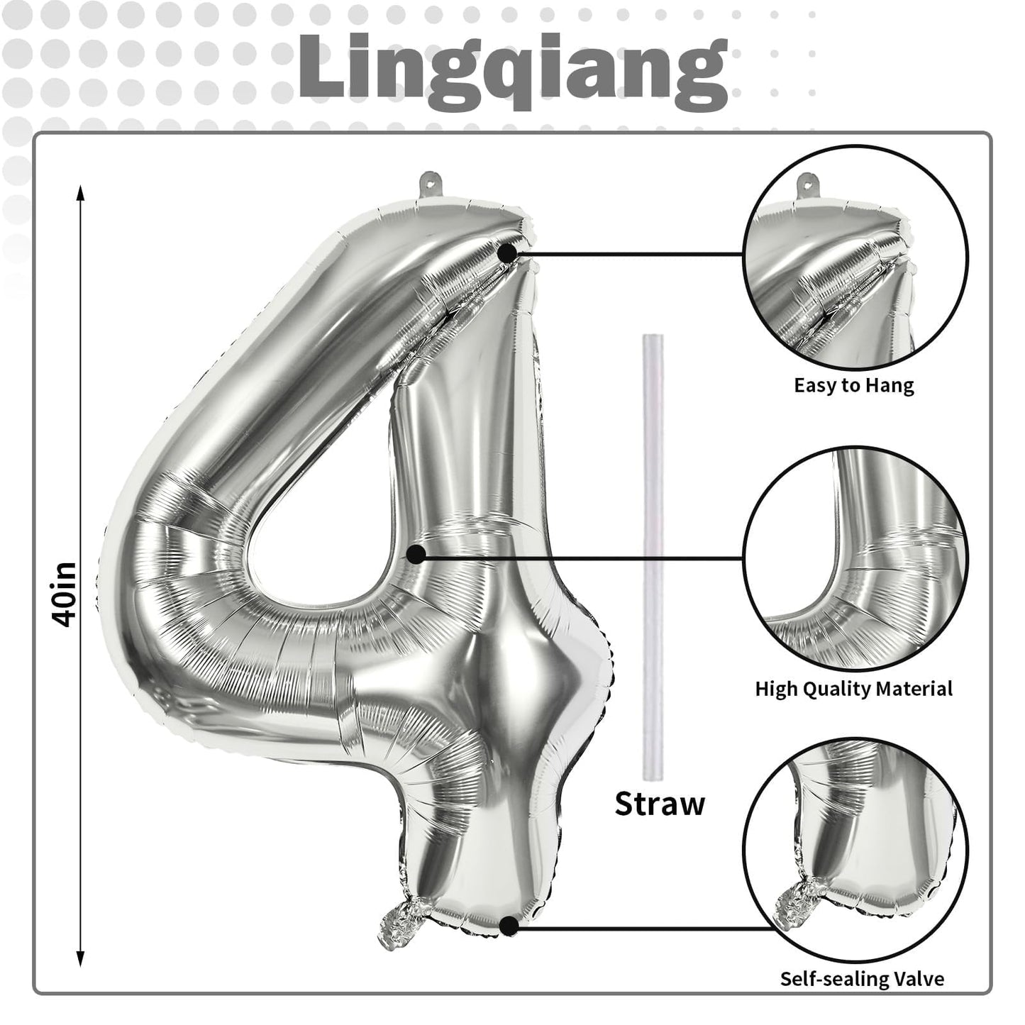 Lingqiang Silver 4 Number Balloon – 40in Foil Birthday & Anniversary Decoration