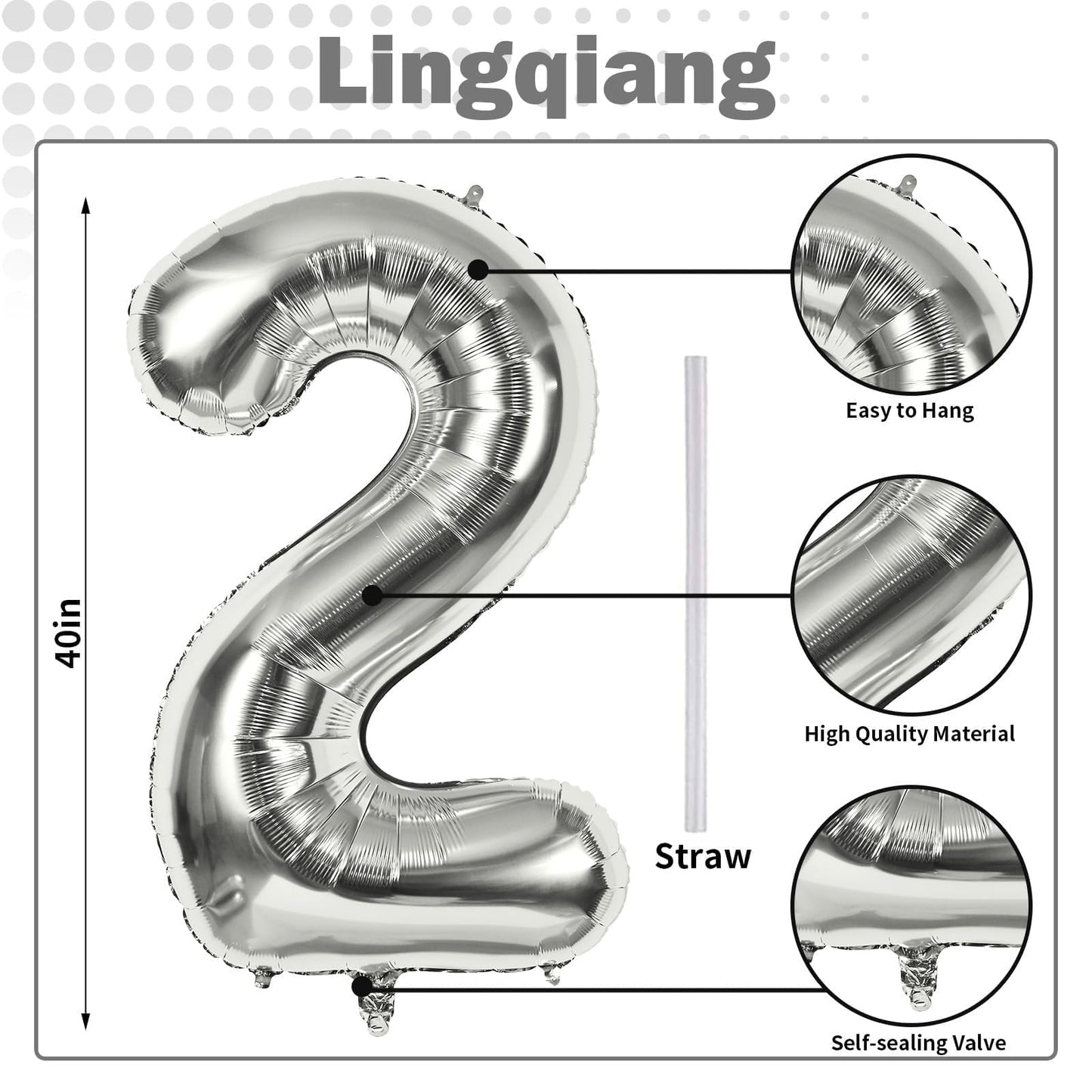 Lingqiang Silver Number 2 Balloon – 40" Foil Helium Balloon for 2nd Birthday & Party Decor