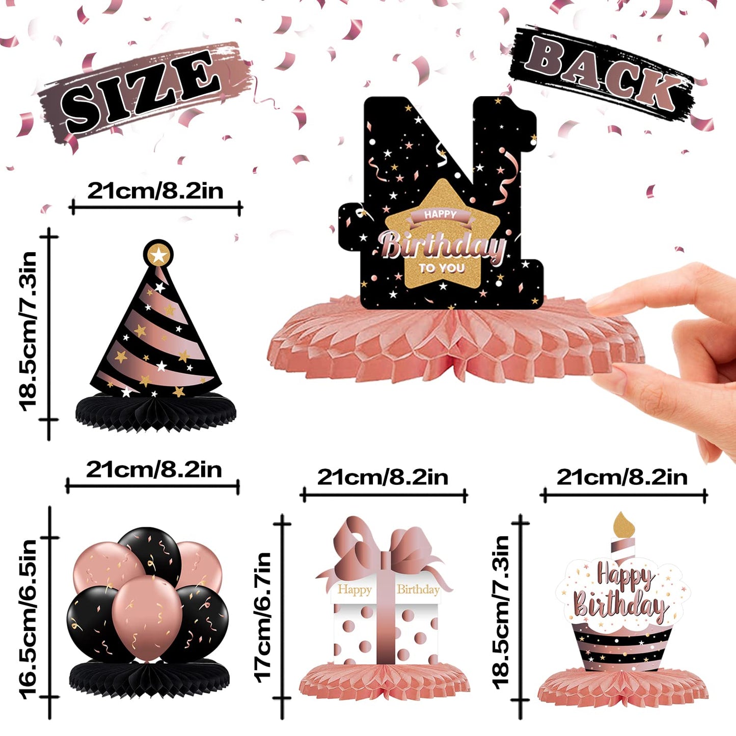LINGTEER Happy 14th Birthday Rose Gold Honeycomb Centerpieces – 8-Pack Table Decor