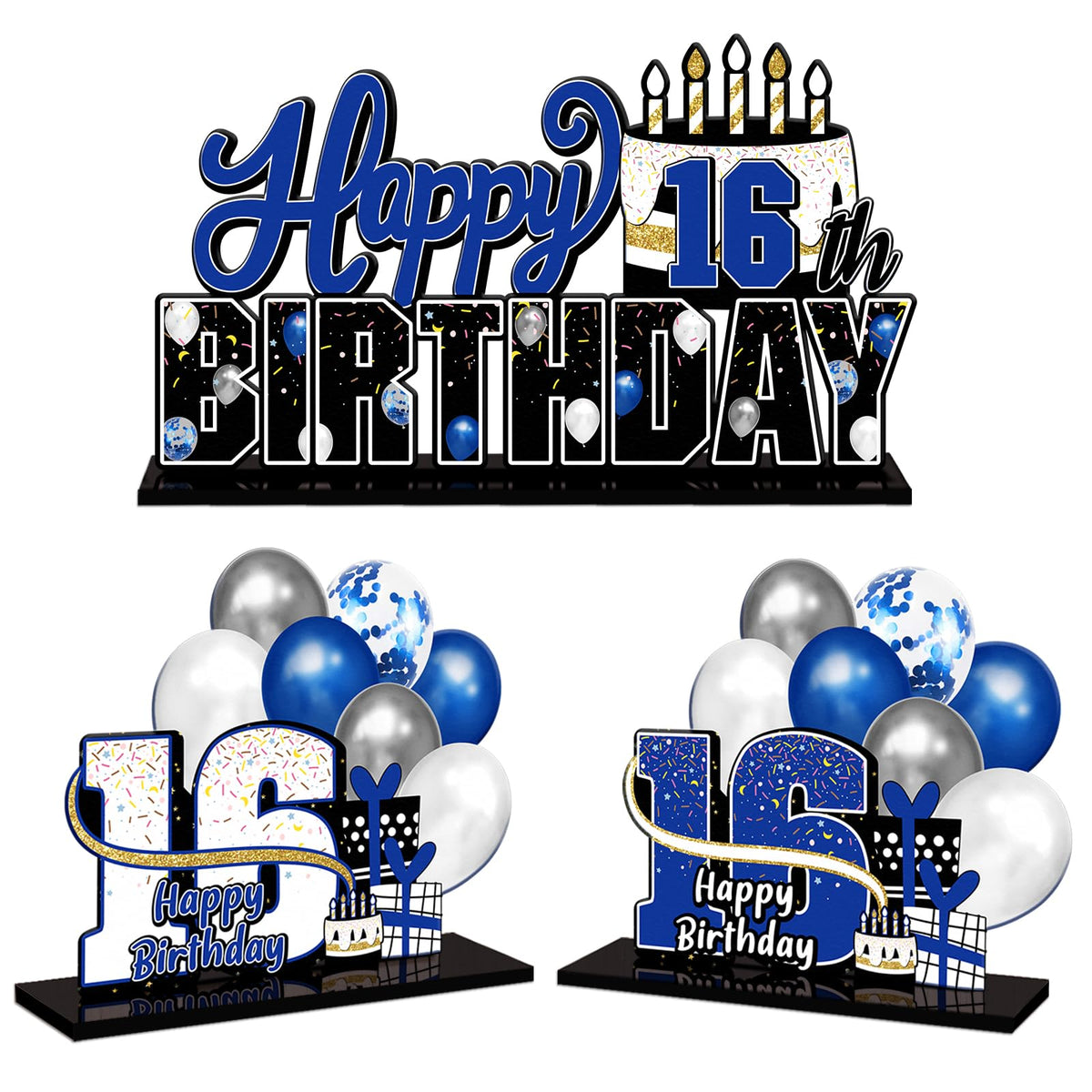 LINGTEER 16th Birthday Blue Acrylic Table Topper Set – 3-Piece Centerpieces for a Sweet 16 Celebration
