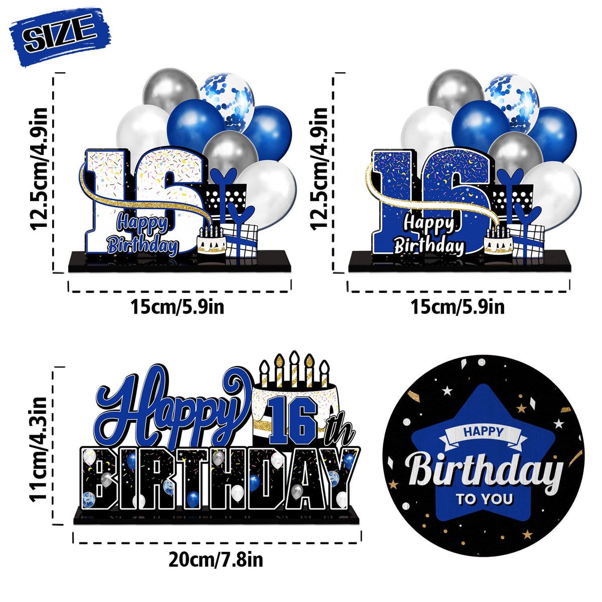 LINGTEER 16th Birthday Blue Acrylic Table Topper Set – 3-Piece Centerpieces for a Sweet 16 Celebration