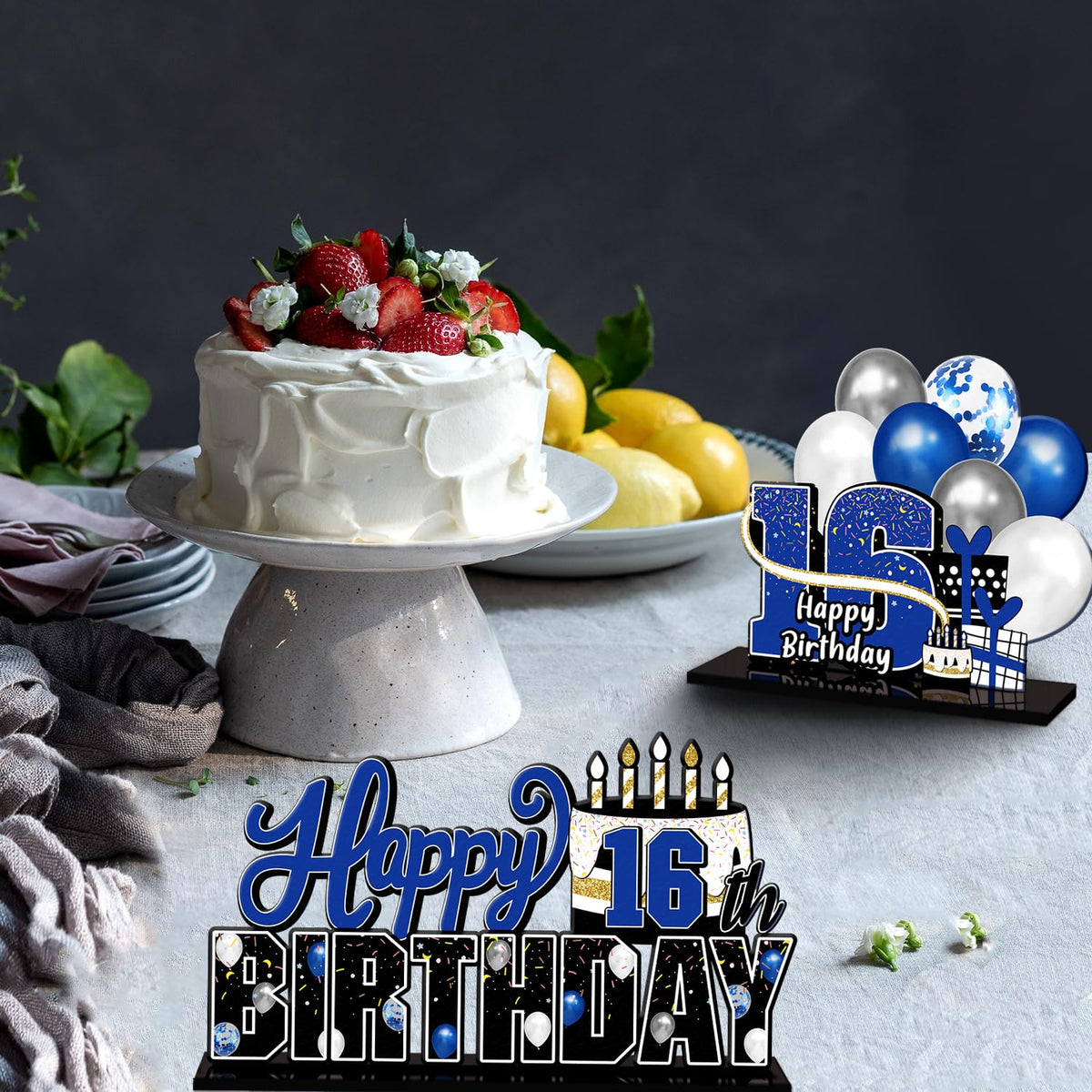 LINGTEER 16th Birthday Blue Acrylic Table Topper Set – 3-Piece Centerpieces for a Sweet 16 Celebration