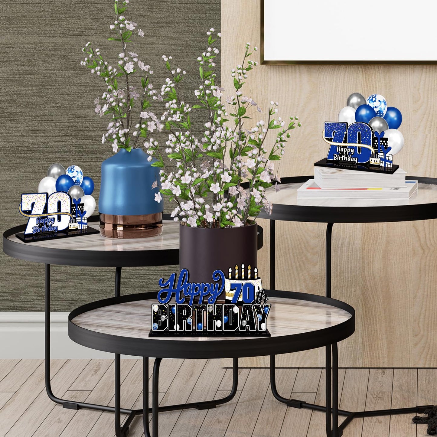 LINGTEER Happy 70th Birthday Blue Acrylic Table Topper Set – 3-Piece 70th Birthday Party Decor