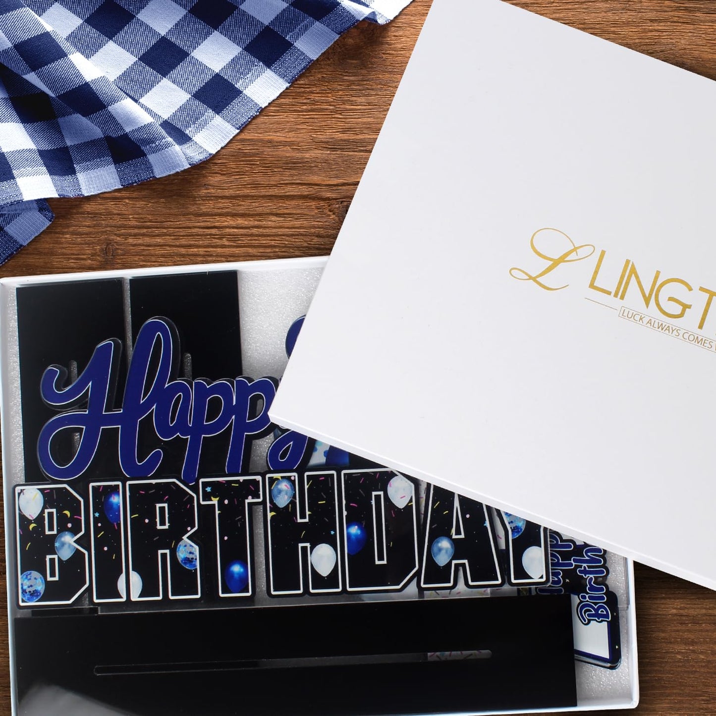 LINGTEER Happy 70th Birthday Blue Acrylic Table Topper Set – 3-Piece 70th Birthday Party Decor