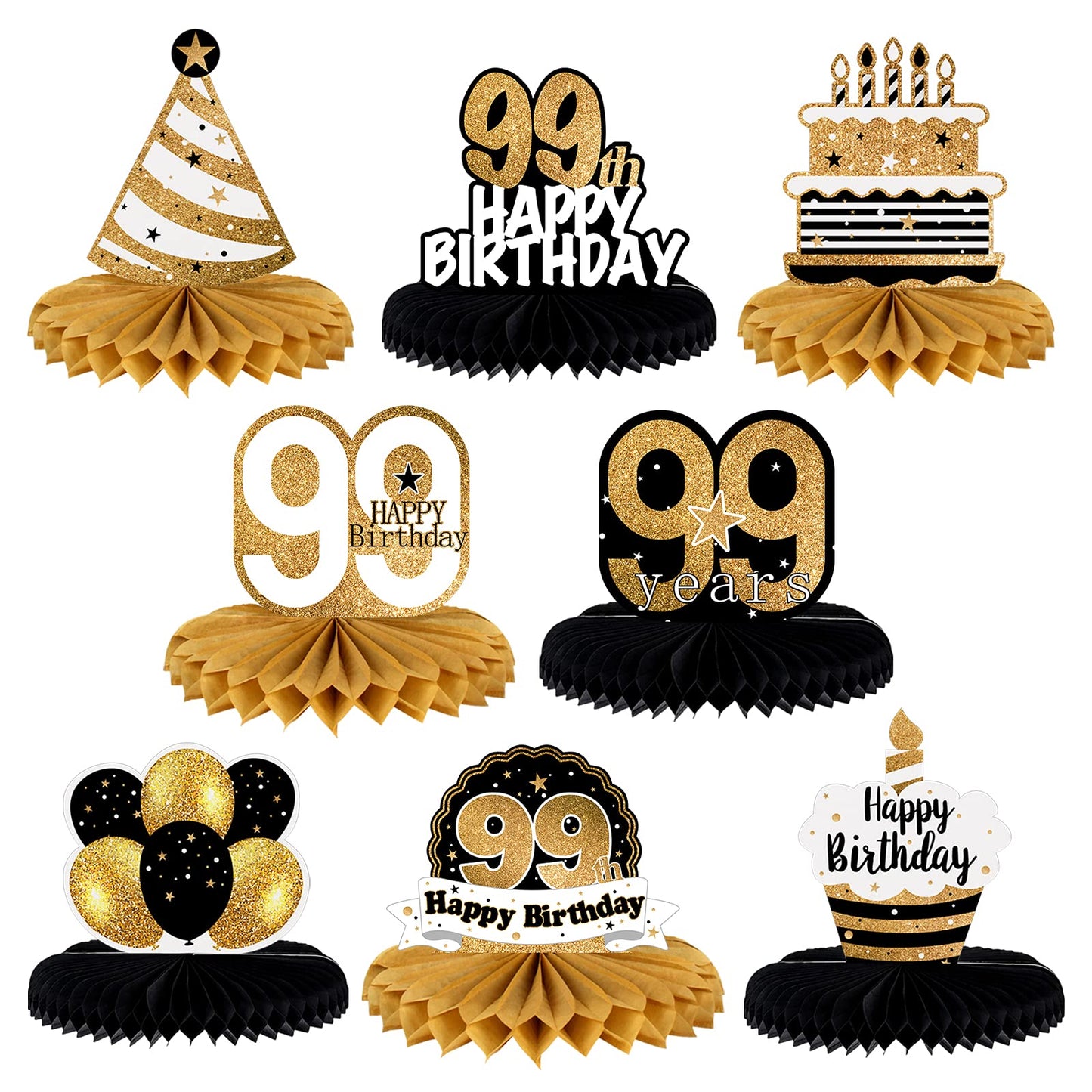 LINGTEER Happy 99th Birthday Table Honeycomb Centerpieces – 8-Pack Milestone Party Decor