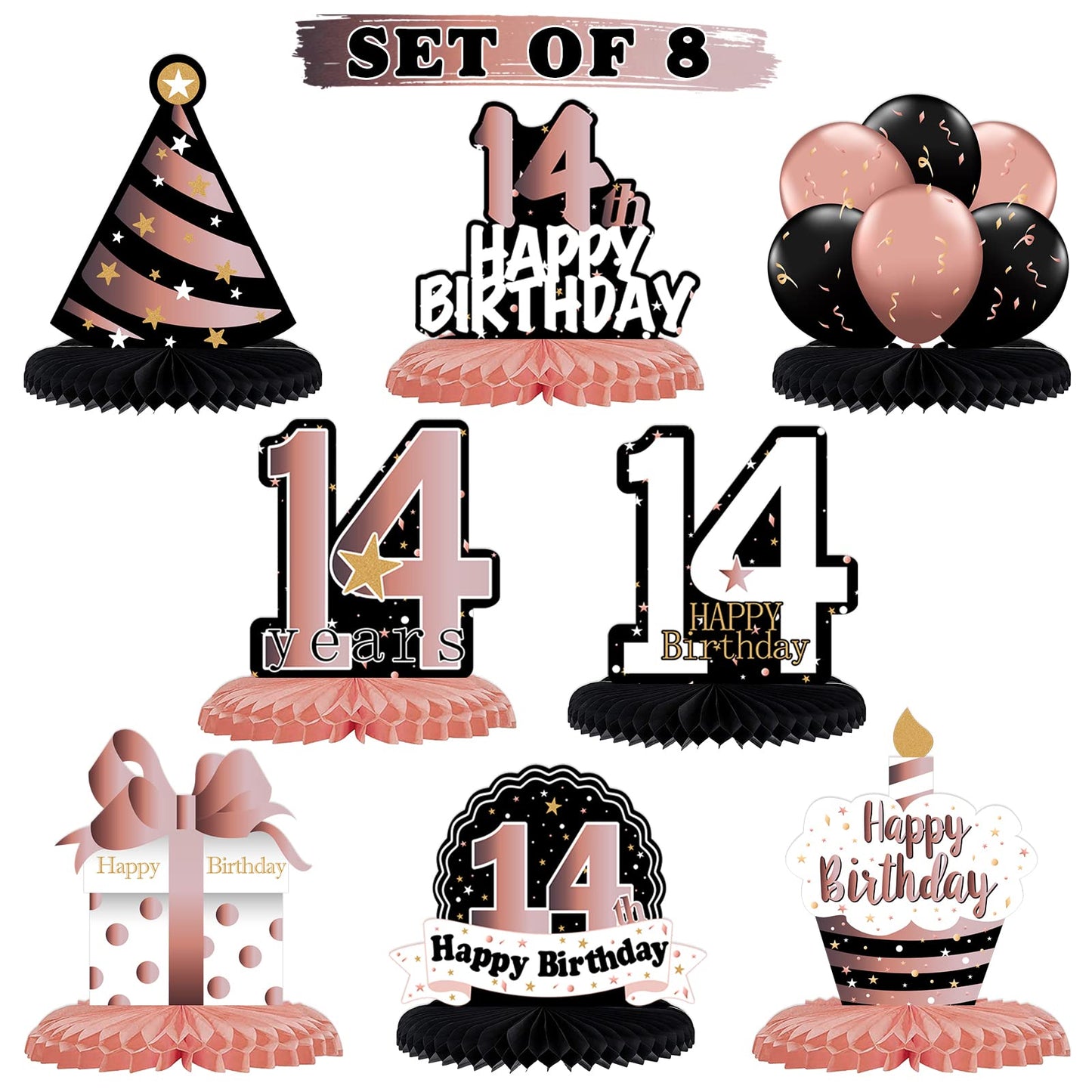 LINGTEER Happy 14th Birthday Rose Gold Honeycomb Centerpieces – 8-Pack Table Decor