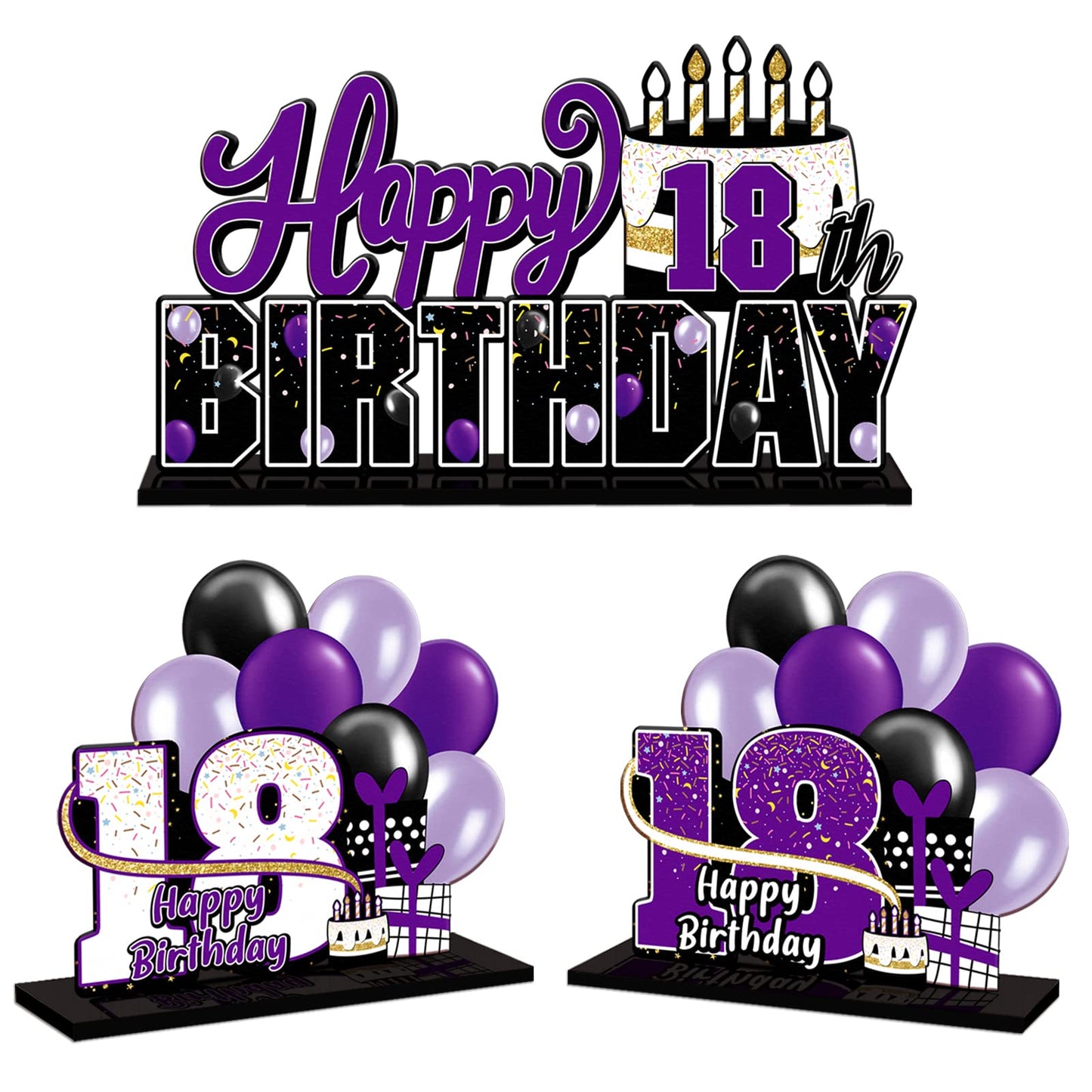 LINGTEER Happy 18th Birthday Purple Acrylic Table Topper Set - 3-Piece Party Decorations