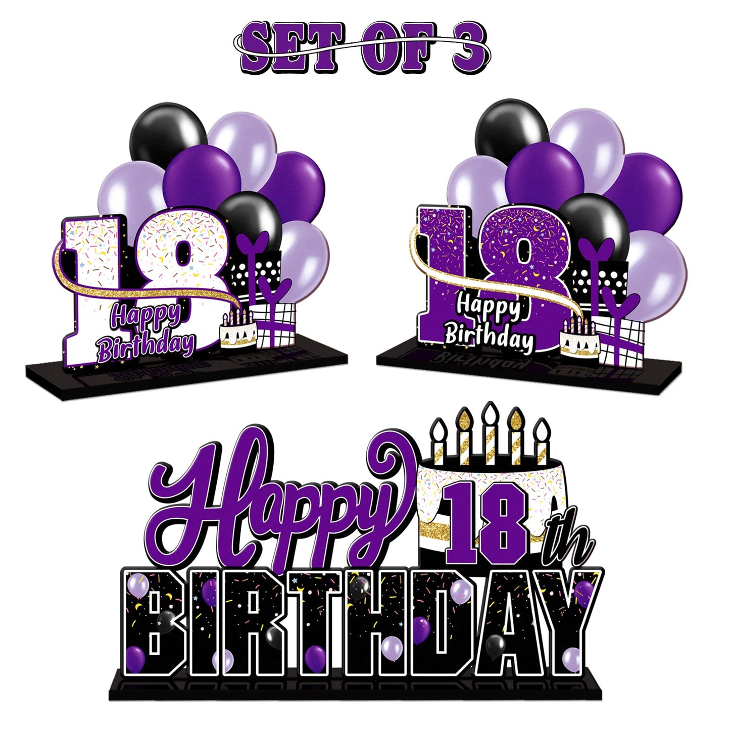 LINGTEER Happy 18th Birthday Purple Acrylic Table Topper Set - 3-Piece Party Decorations