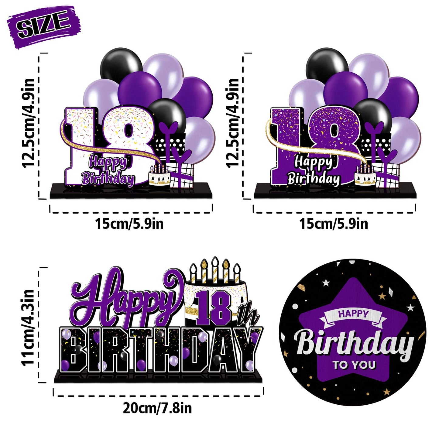 LINGTEER Happy 18th Birthday Purple Acrylic Table Topper Set - 3-Piece Party Decorations