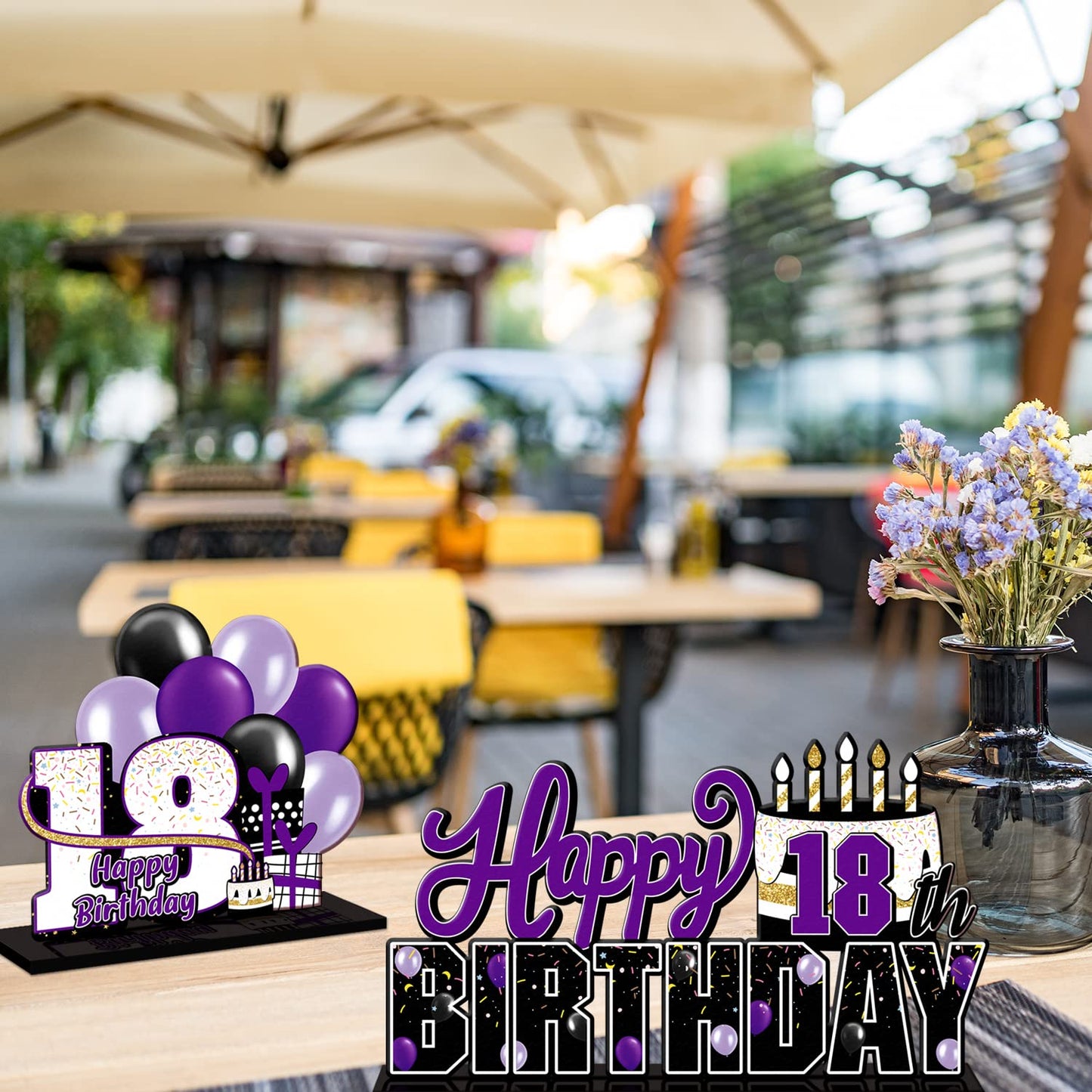 LINGTEER Happy 18th Birthday Purple Acrylic Table Topper Set - 3-Piece Party Decorations