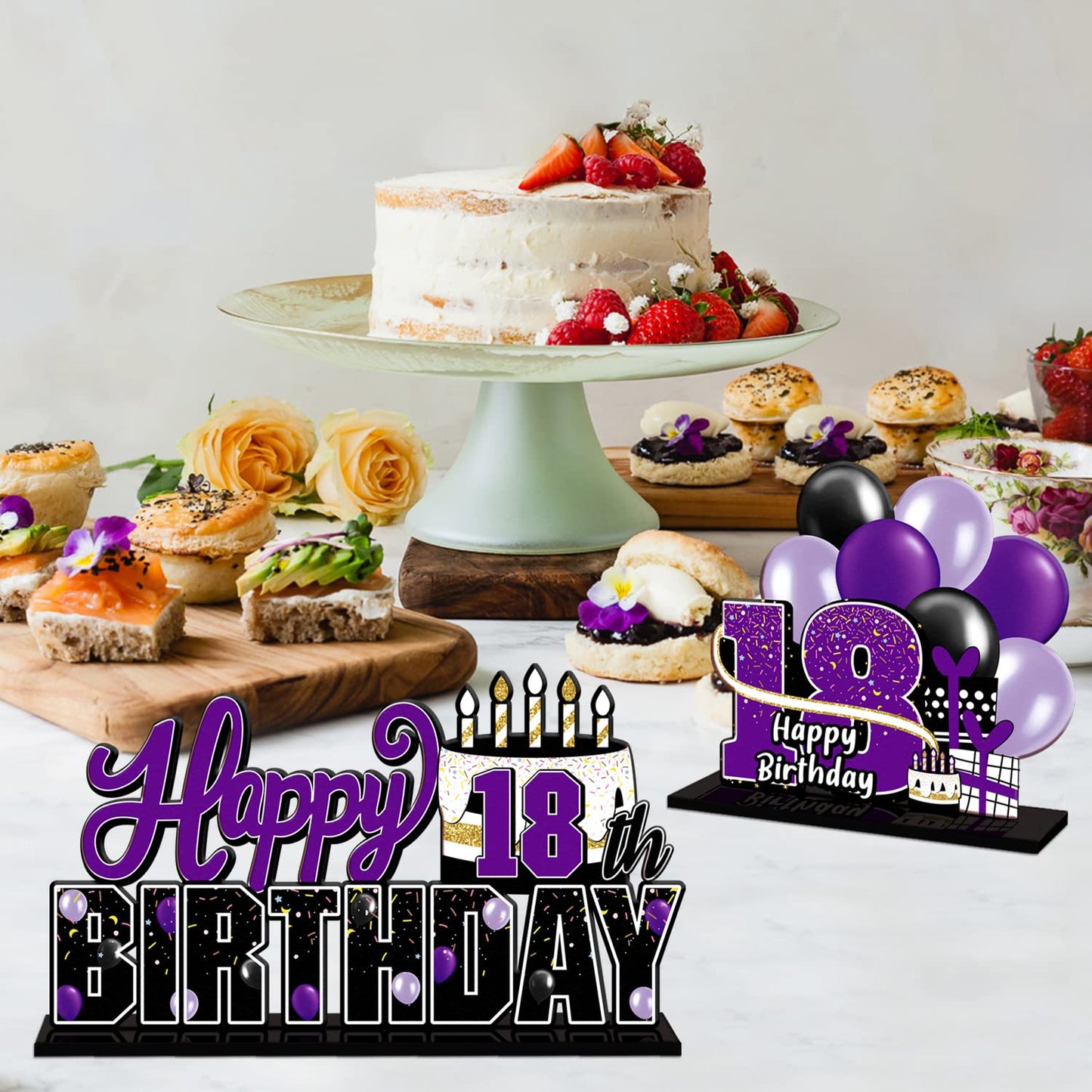 LINGTEER Happy 18th Birthday Purple Acrylic Table Topper Set - 3-Piece Party Decorations