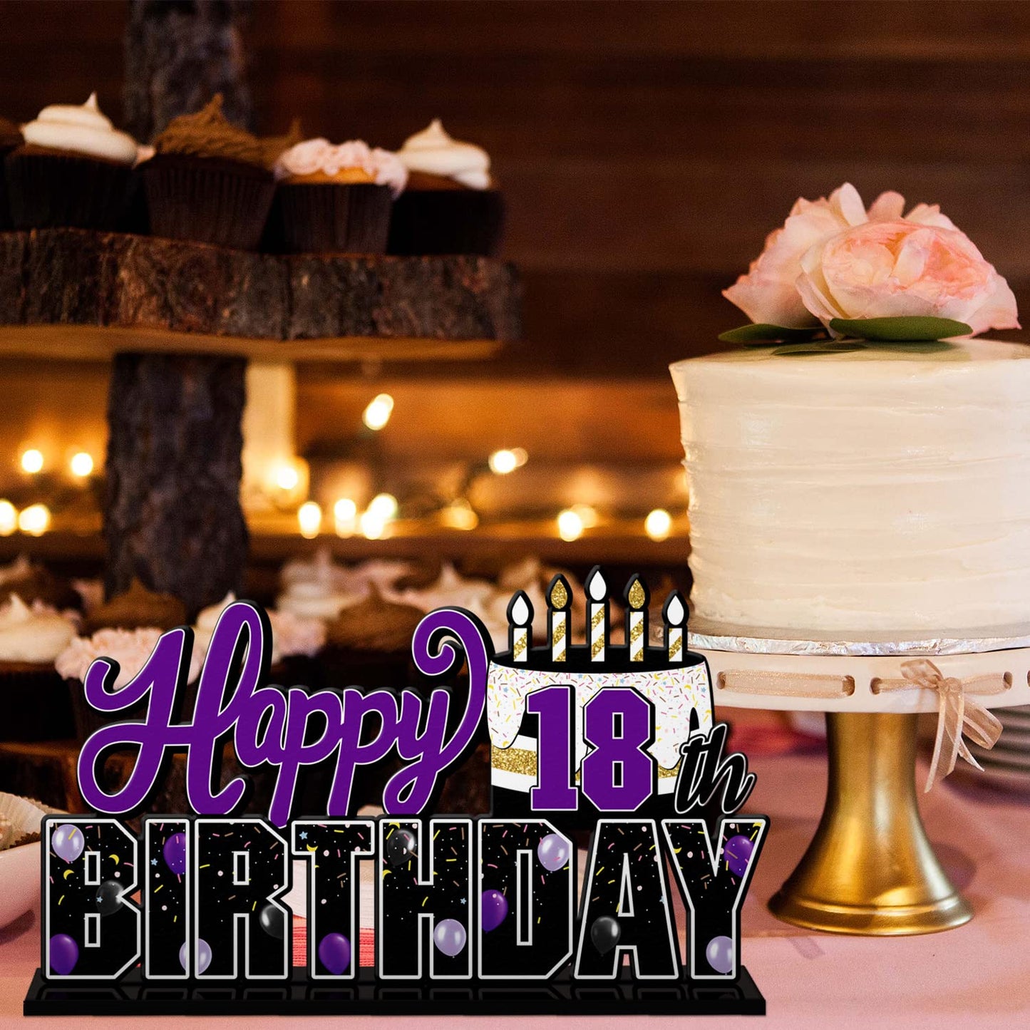 LINGTEER Happy 18th Birthday Purple Acrylic Table Topper Set - 3-Piece Party Decorations