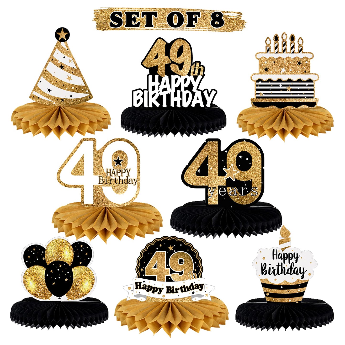 LINGTEER Happy 49th Birthday Table Honeycomb Centerpieces – 8-Piece Set for 49th Birthday Party Decor
