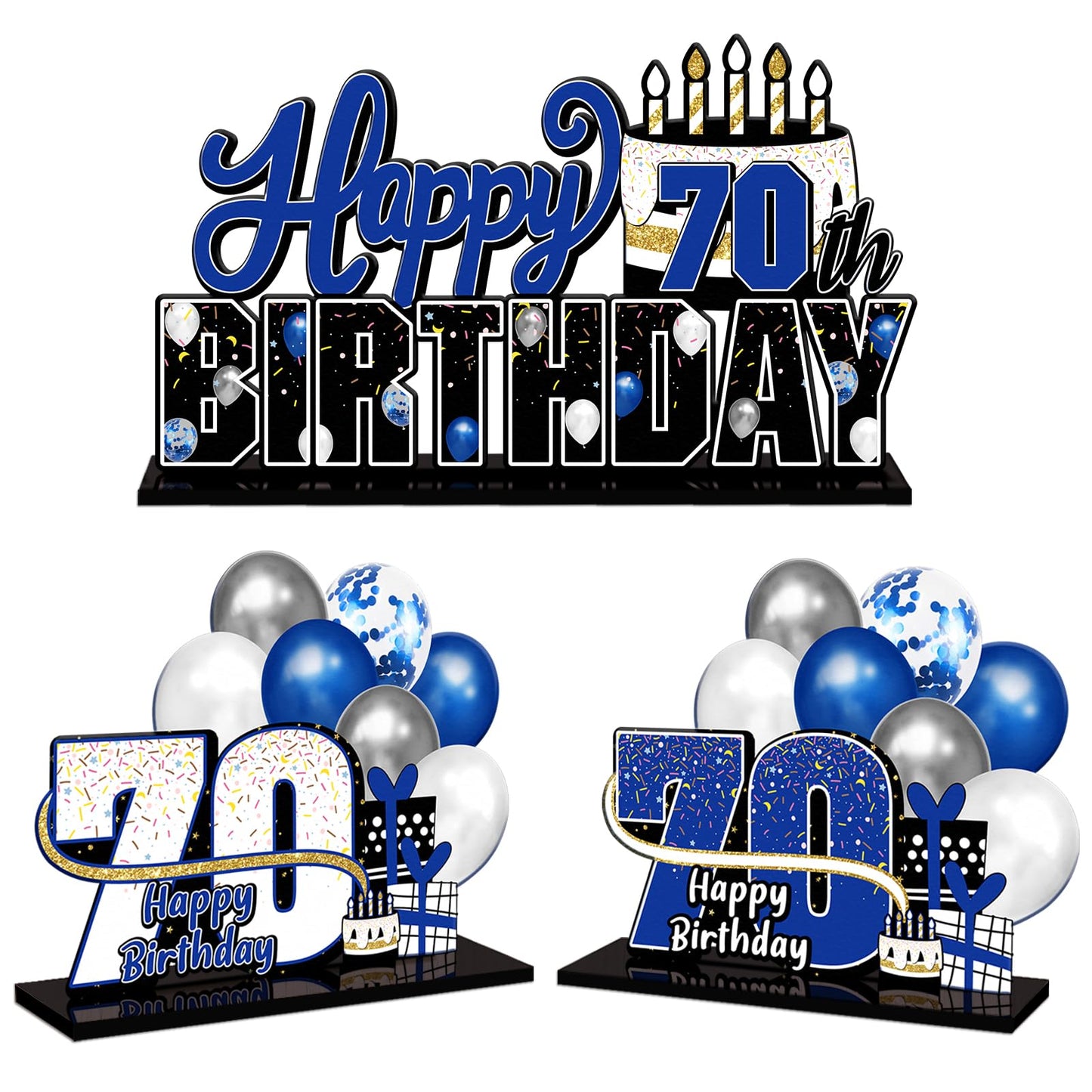 LINGTEER Happy 70th Birthday Blue Acrylic Table Topper Set – 3-Piece 70th Birthday Party Decor