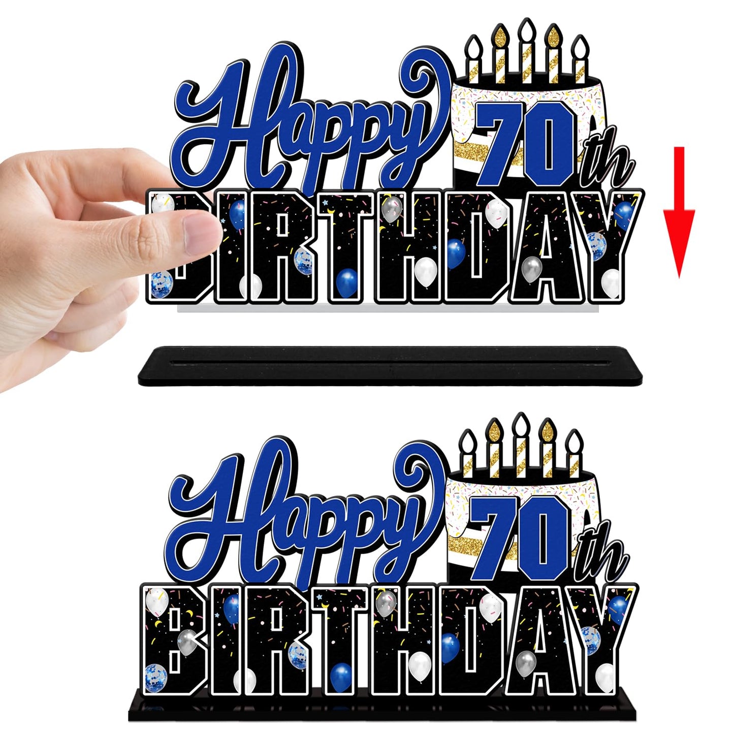 LINGTEER Happy 70th Birthday Blue Acrylic Table Topper Set – 3-Piece 70th Birthday Party Decor