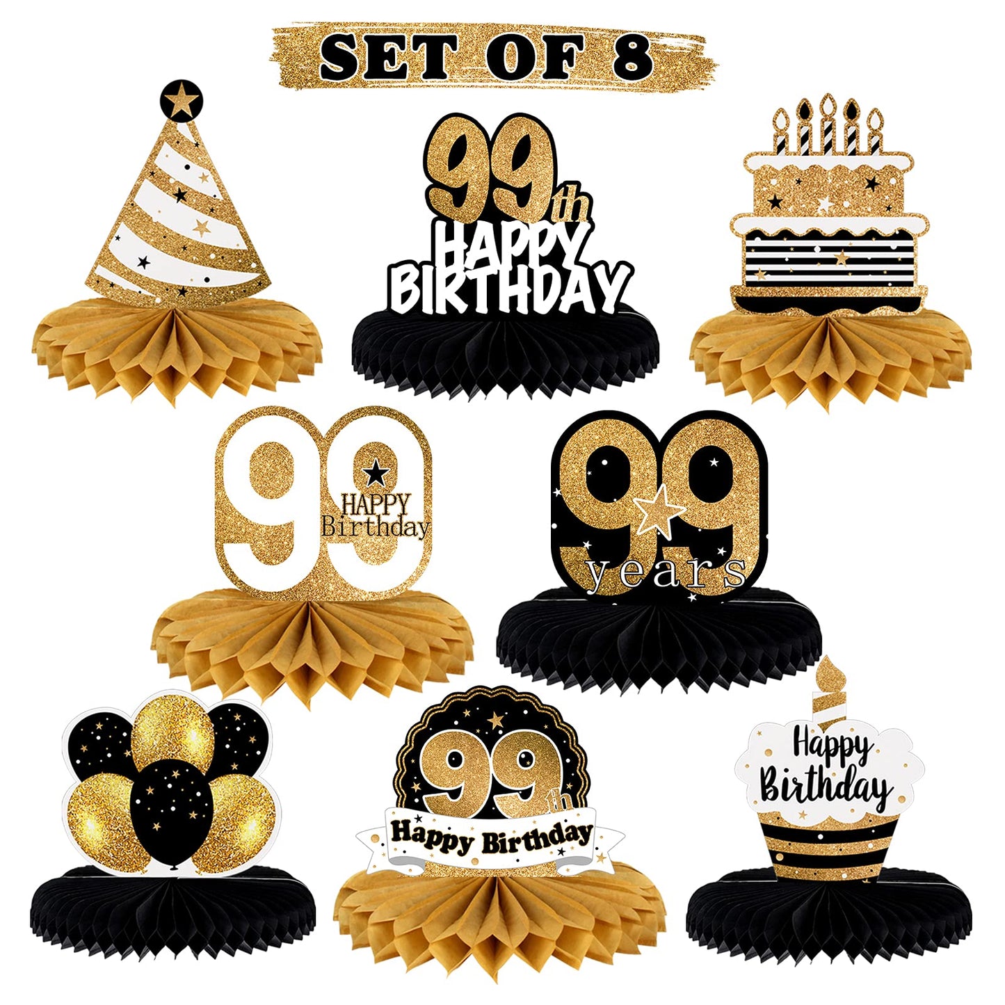 LINGTEER Happy 99th Birthday Table Honeycomb Centerpieces – 8-Pack Milestone Party Decor