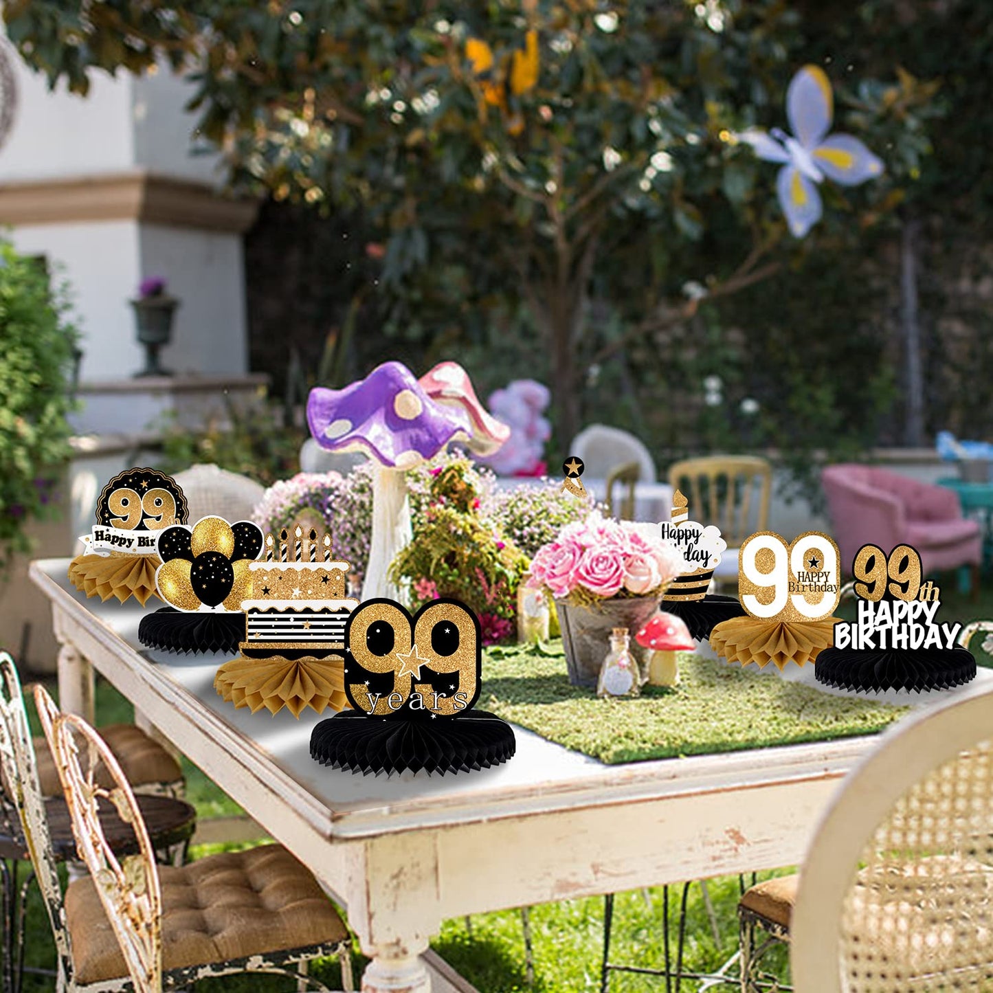 LINGTEER Happy 99th Birthday Table Honeycomb Centerpieces – 8-Pack Milestone Party Decor