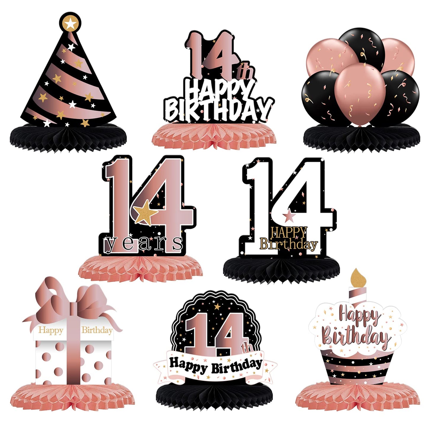 LINGTEER Happy 14th Birthday Rose Gold Honeycomb Centerpieces – 8-Pack Table Decor