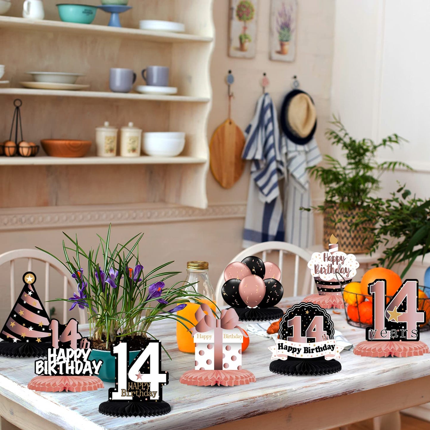 LINGTEER Happy 14th Birthday Rose Gold Honeycomb Centerpieces – 8-Pack Table Decor