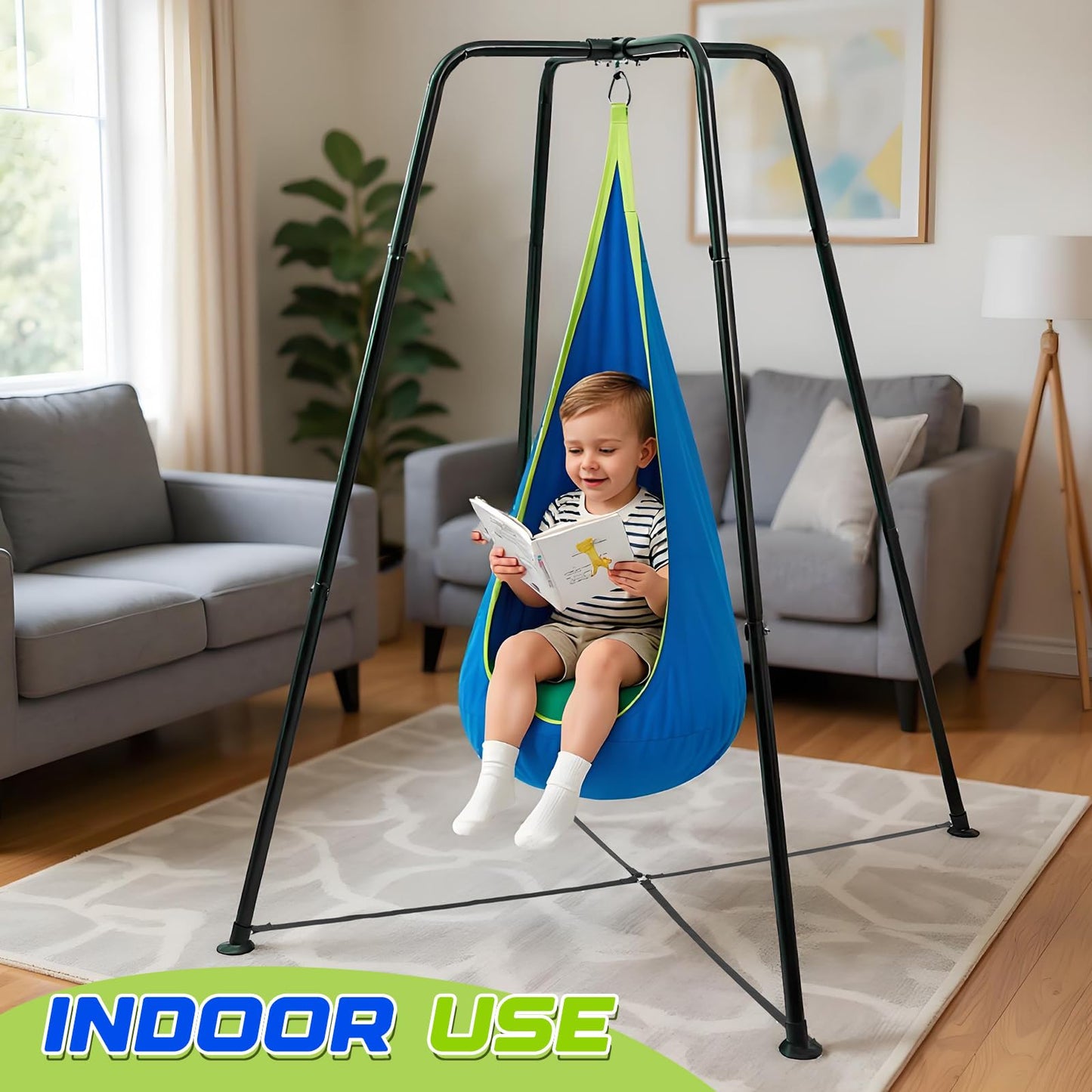 Lingvee Swing Stand Frame with Sensory Pod Chair & Swings Set – Heavy-Duty Metal Frame (Blue)