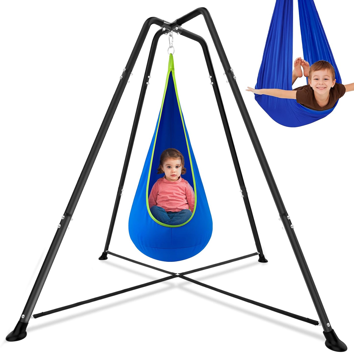 Lingvee Swing Stand Frame with Sensory Pod Chair & Swings Set – Heavy-Duty Metal Frame (Blue)