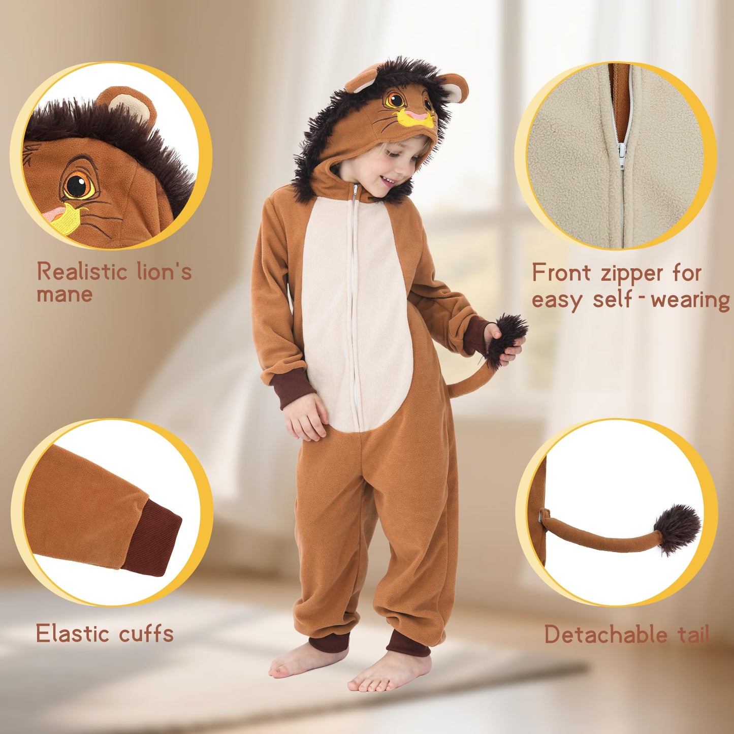 Lingway Toys Kids Lion Onesie Costume – Cozy Fleece Lion Jumpsuit (Ages 4-14)