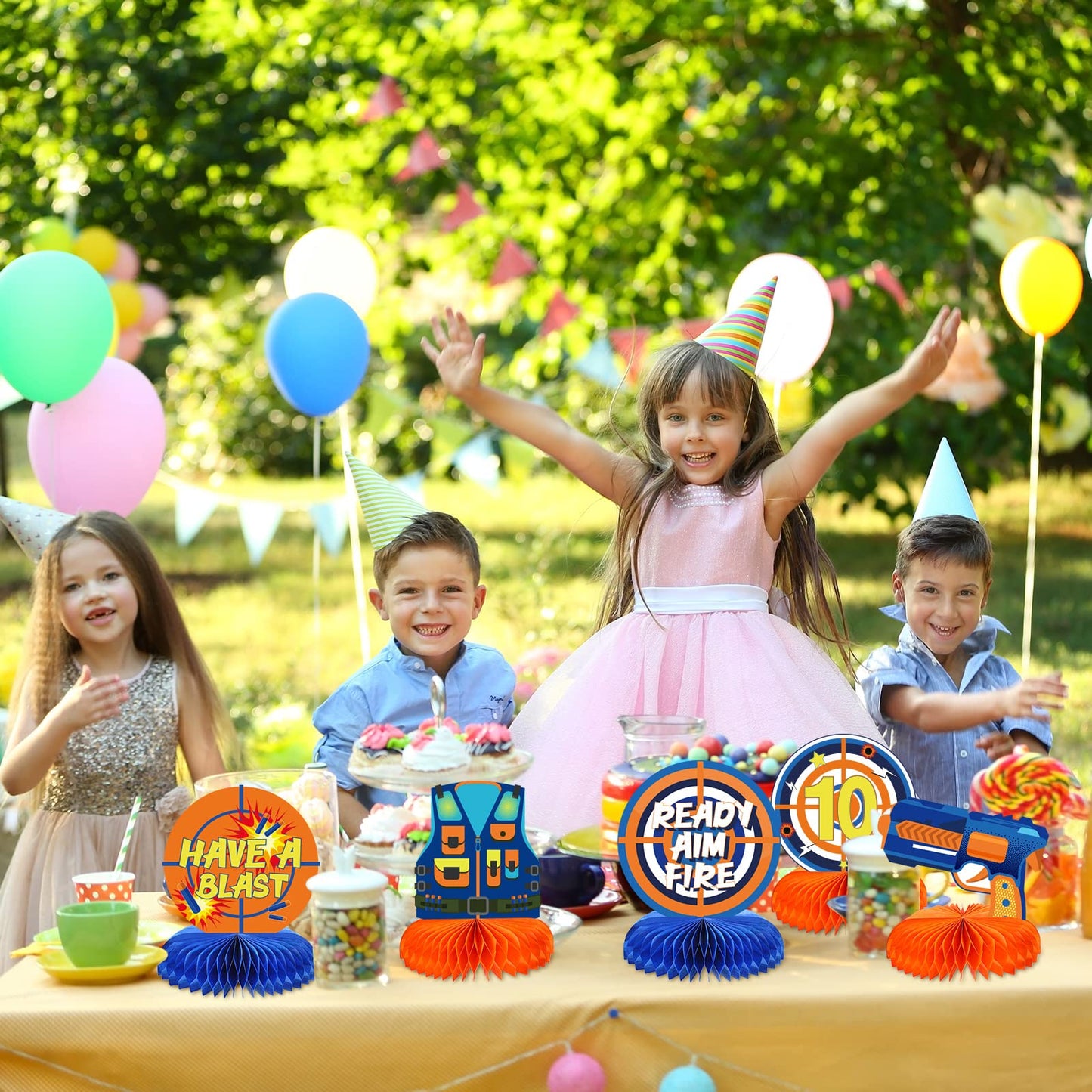 LINGXIU 10-Piece Dart War Party Decorations | Nerf-Themed Honeycomb Centerpieces for Birthday Tables