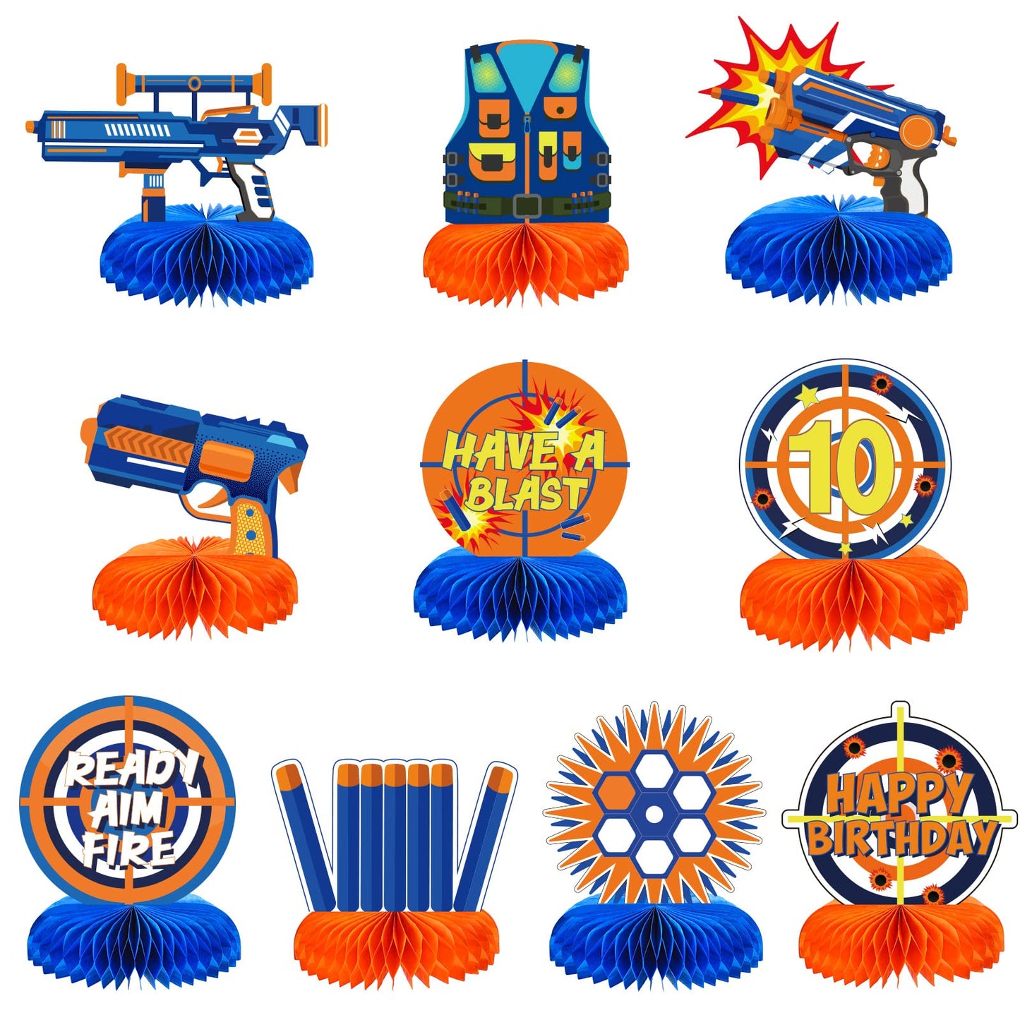 LINGXIU 10-Piece Dart War Party Decorations | Nerf-Themed Honeycomb Centerpieces for Birthday Tables