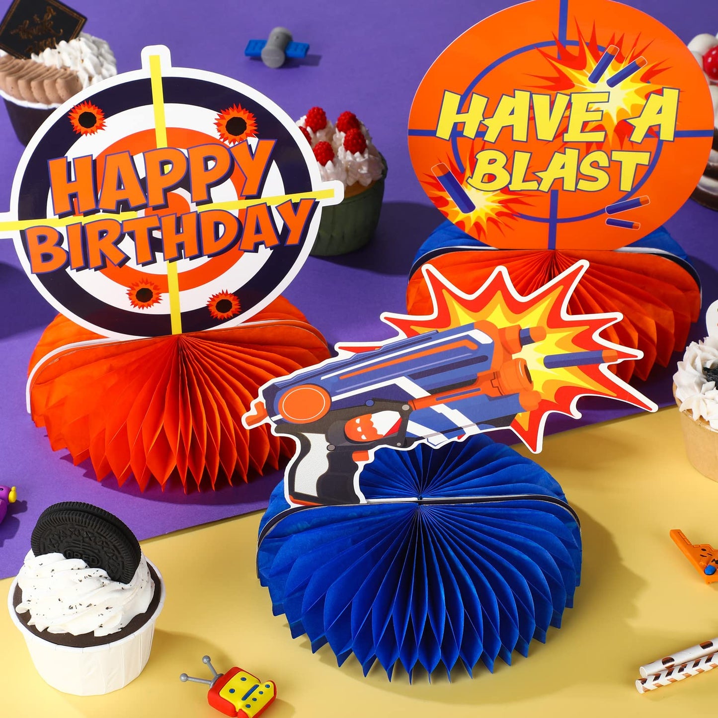 LINGXIU 10-Piece Dart War Party Decorations | Nerf-Themed Honeycomb Centerpieces for Birthday Tables
