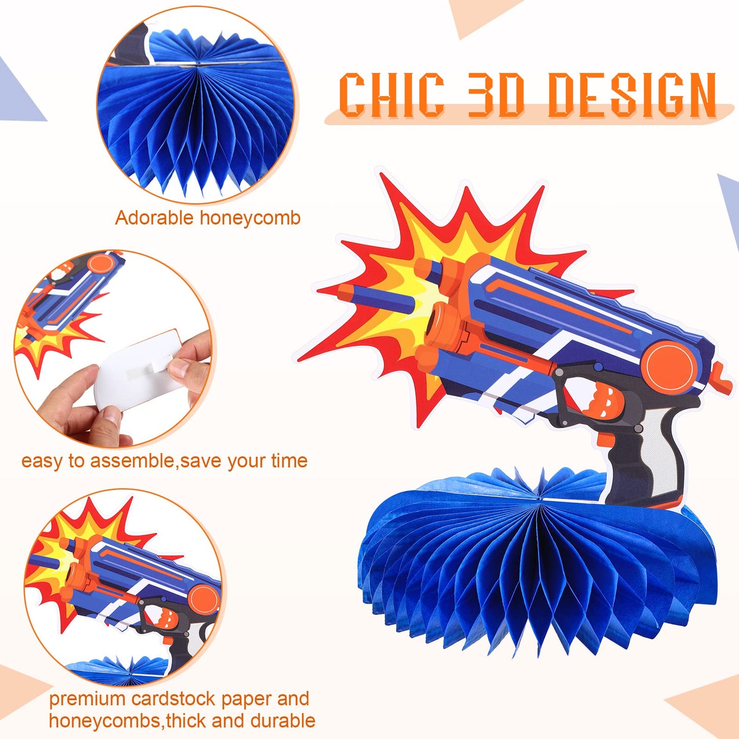 LINGXIU 10-Piece Dart War Party Decorations | Nerf-Themed Honeycomb Centerpieces for Birthday Tables