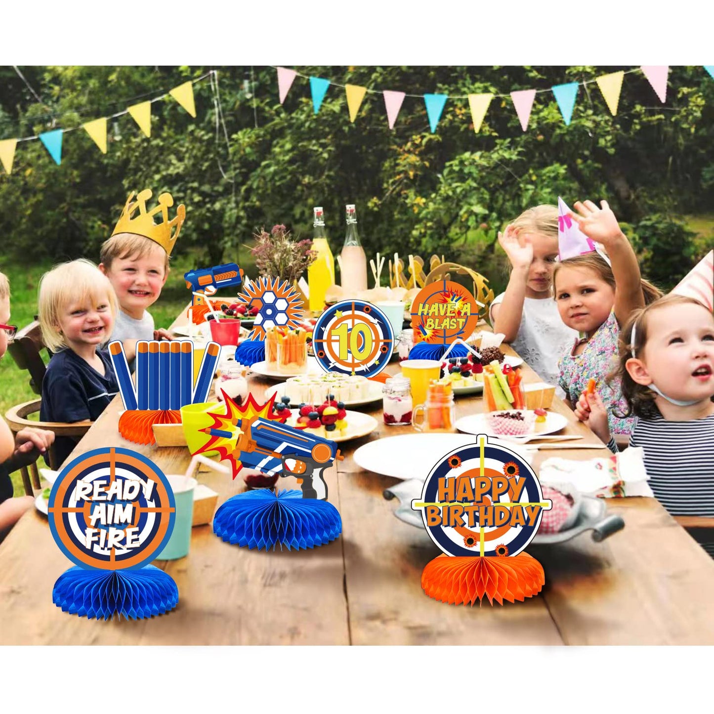 LINGXIU 10-Piece Dart War Party Decorations | Nerf-Themed Honeycomb Centerpieces for Birthday Tables
