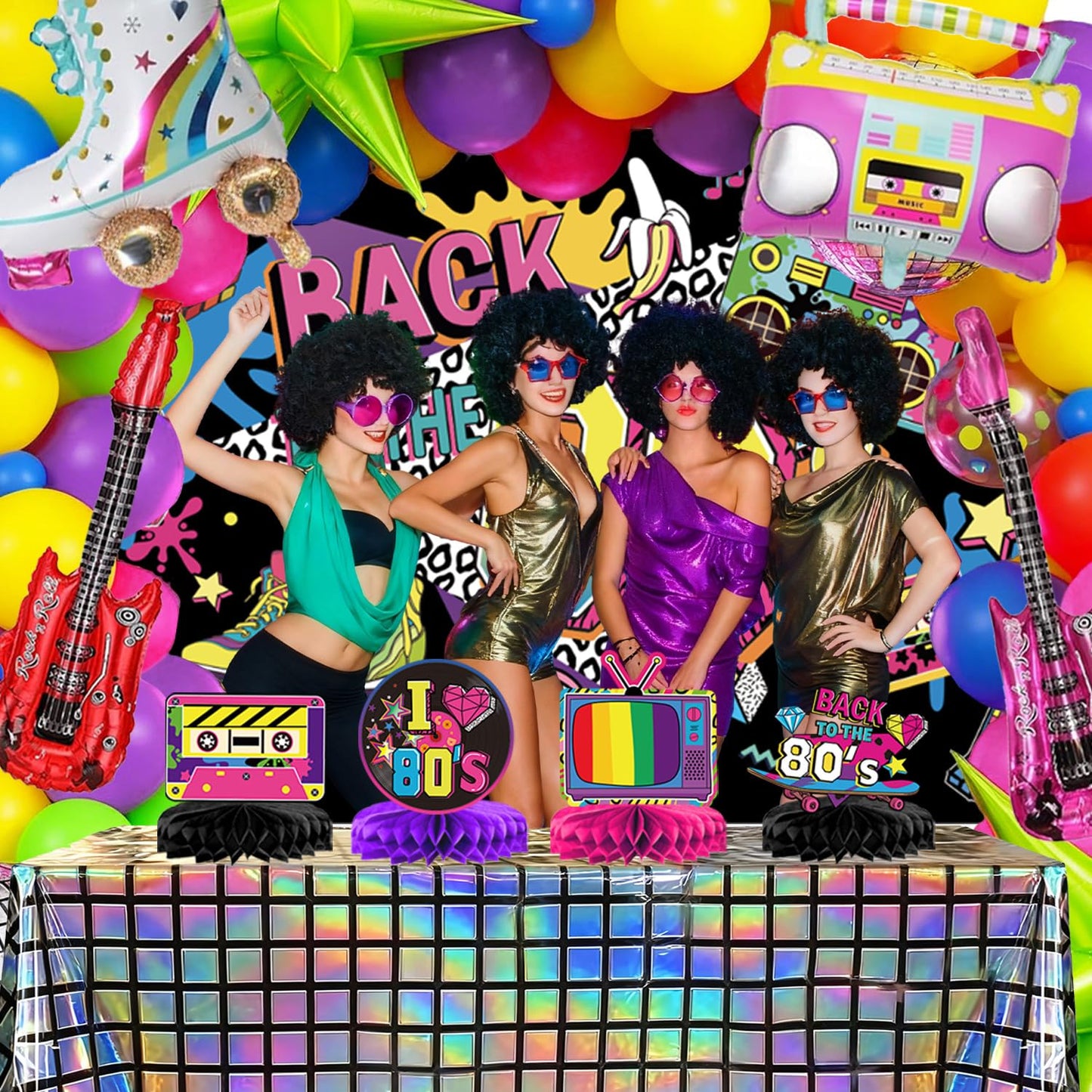LINHAXM 80s Party Decorations – Backdrop, Banner, Balloons & Centerpieces for 80s/90s Parties