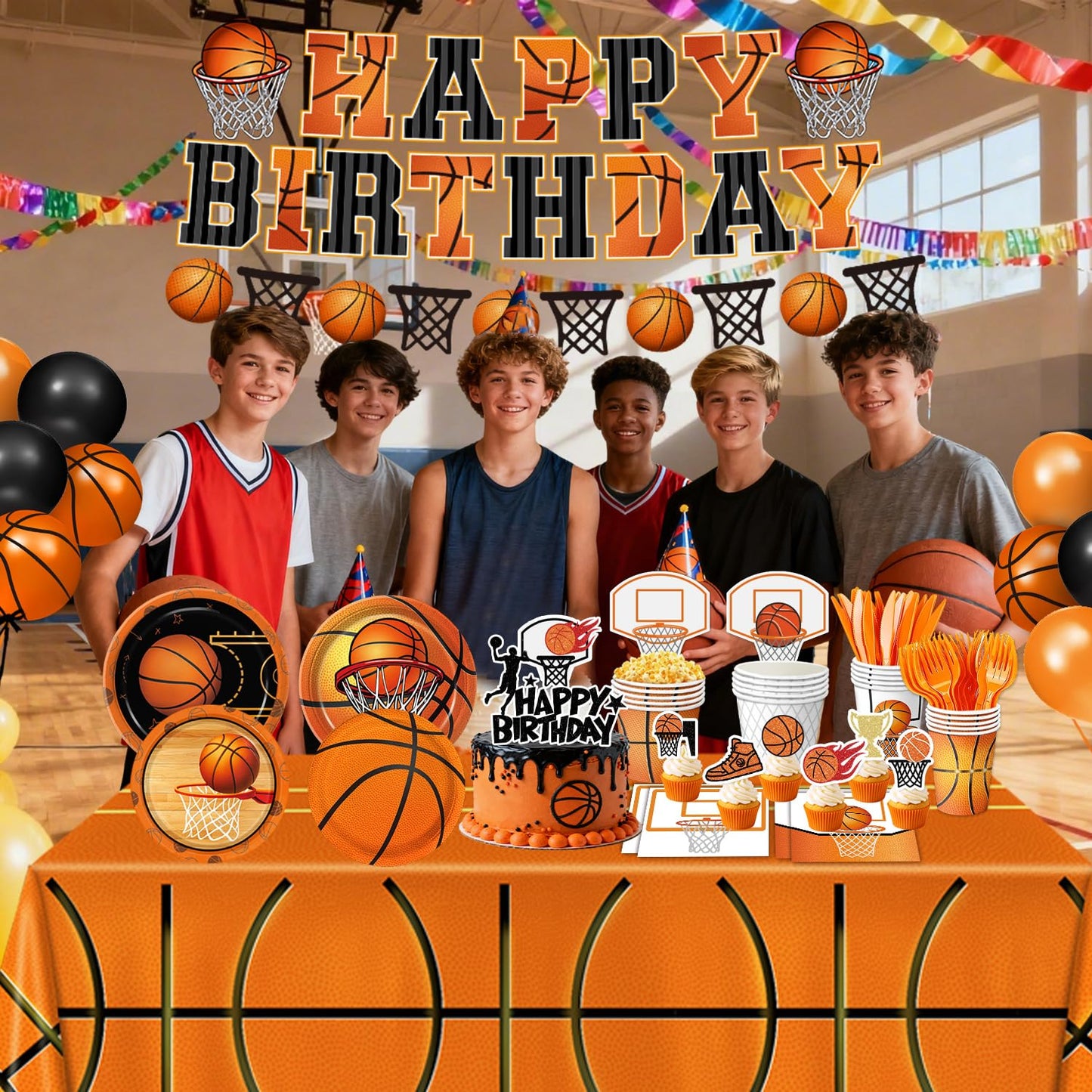 LINHAXM 202 Pcs Basketball Party Decorations – Plates, Cups, Napkins, Banner, Balloons (Serves 24)