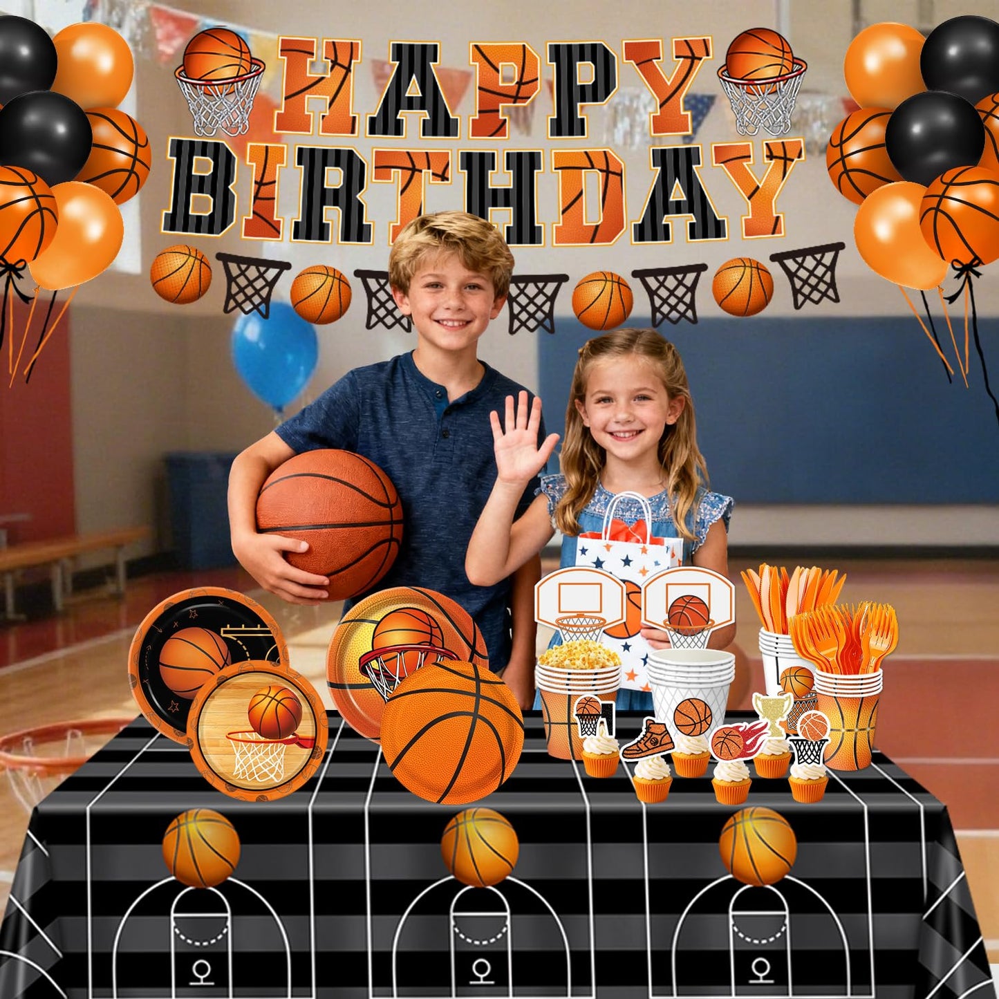 LINHAXM 202 Pcs Basketball Party Decorations – Plates, Cups, Napkins, Banner, Balloons (Serves 24)