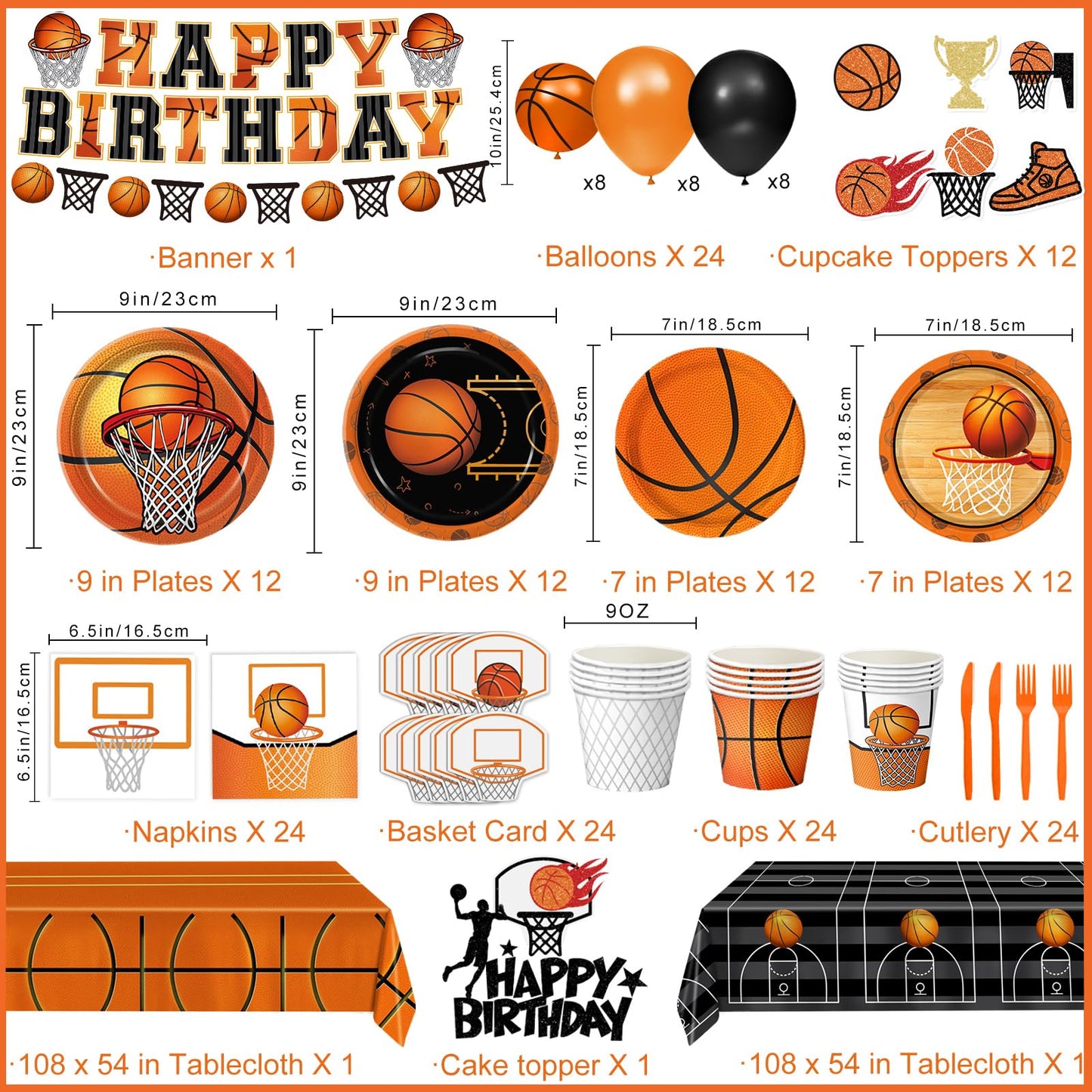 LINHAXM 202 Pcs Basketball Party Decorations – Plates, Cups, Napkins, Banner, Balloons (Serves 24)