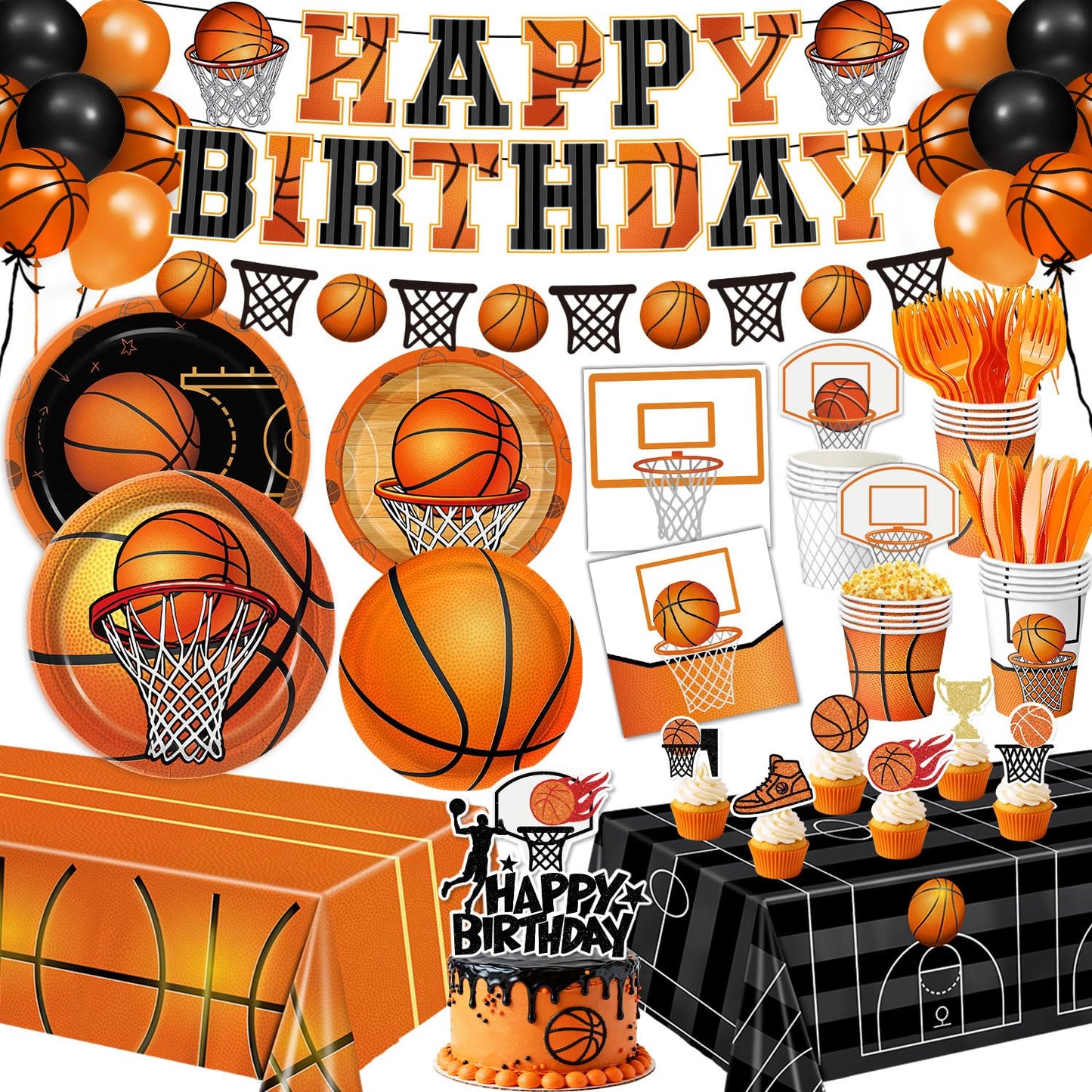 LINHAXM 202 Pcs Basketball Party Decorations – Plates, Cups, Napkins, Banner, Balloons (Serves 24)