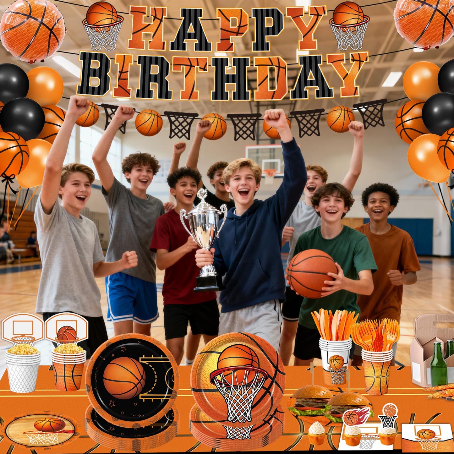 LINHAXM 202 Pcs Basketball Party Decorations – Plates, Cups, Napkins, Banner, Balloons (Serves 24)