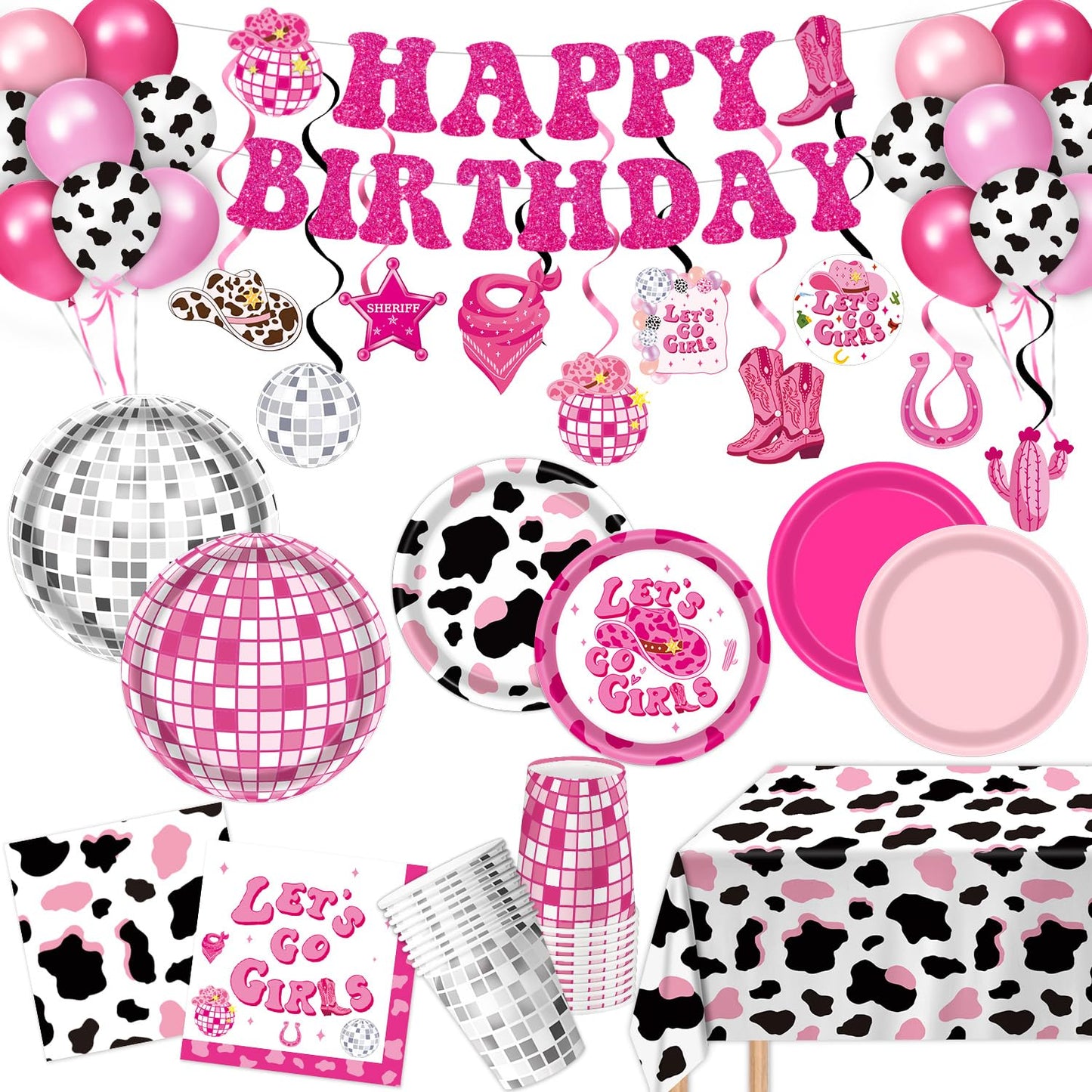 LINHAXM 131 PCS Cowgirl Birthday Party Decorations – Disco Western Party Kit Serves 24