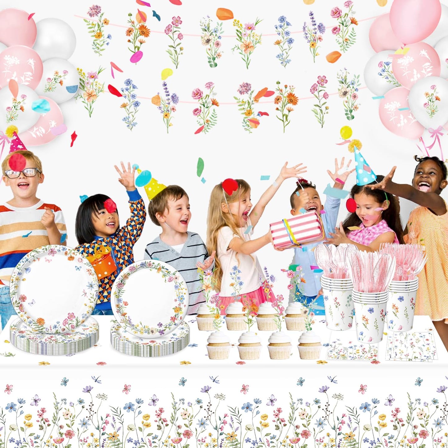 LINHAXM 175 PCS Spring Wildflower Party Decorations Kit – Floral Plates, Cups, Napkins & More (Serves 20)