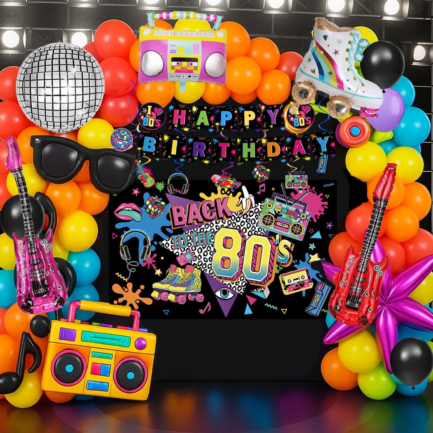 LINHAXM 80s Party Decorations – Backdrop, Banner, Balloons & Centerpieces for 80s/90s Parties
