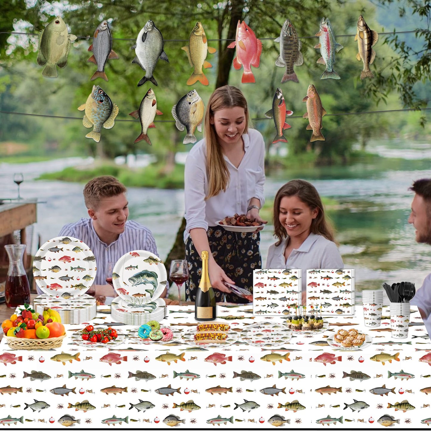 LINHAXM 170PCS Fishing Birthday Party Decorations – Gone Fishing Tableware Set with Plates, Cups, Cutlery, Banner, Tablecloth