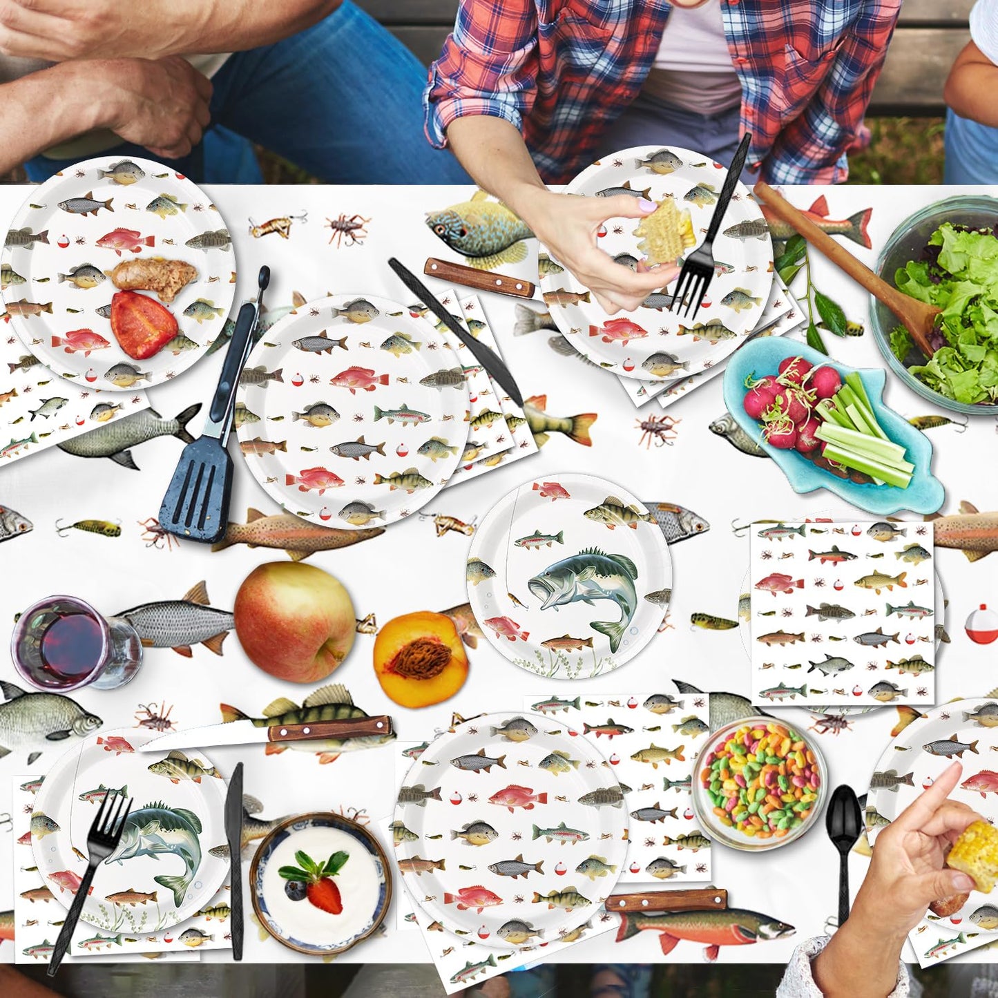 LINHAXM 170PCS Fishing Birthday Party Decorations – Gone Fishing Tableware Set with Plates, Cups, Cutlery, Banner, Tablecloth
