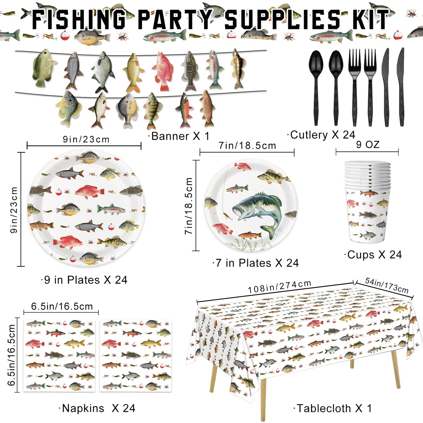 LINHAXM 170PCS Fishing Birthday Party Decorations – Gone Fishing Tableware Set with Plates, Cups, Cutlery, Banner, Tablecloth