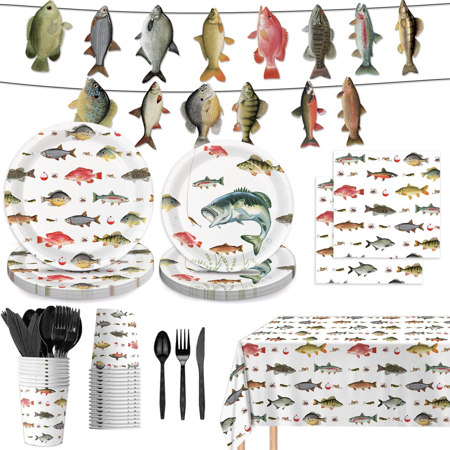 LINHAXM 170PCS Fishing Birthday Party Decorations – Gone Fishing Tableware Set with Plates, Cups, Cutlery, Banner, Tablecloth