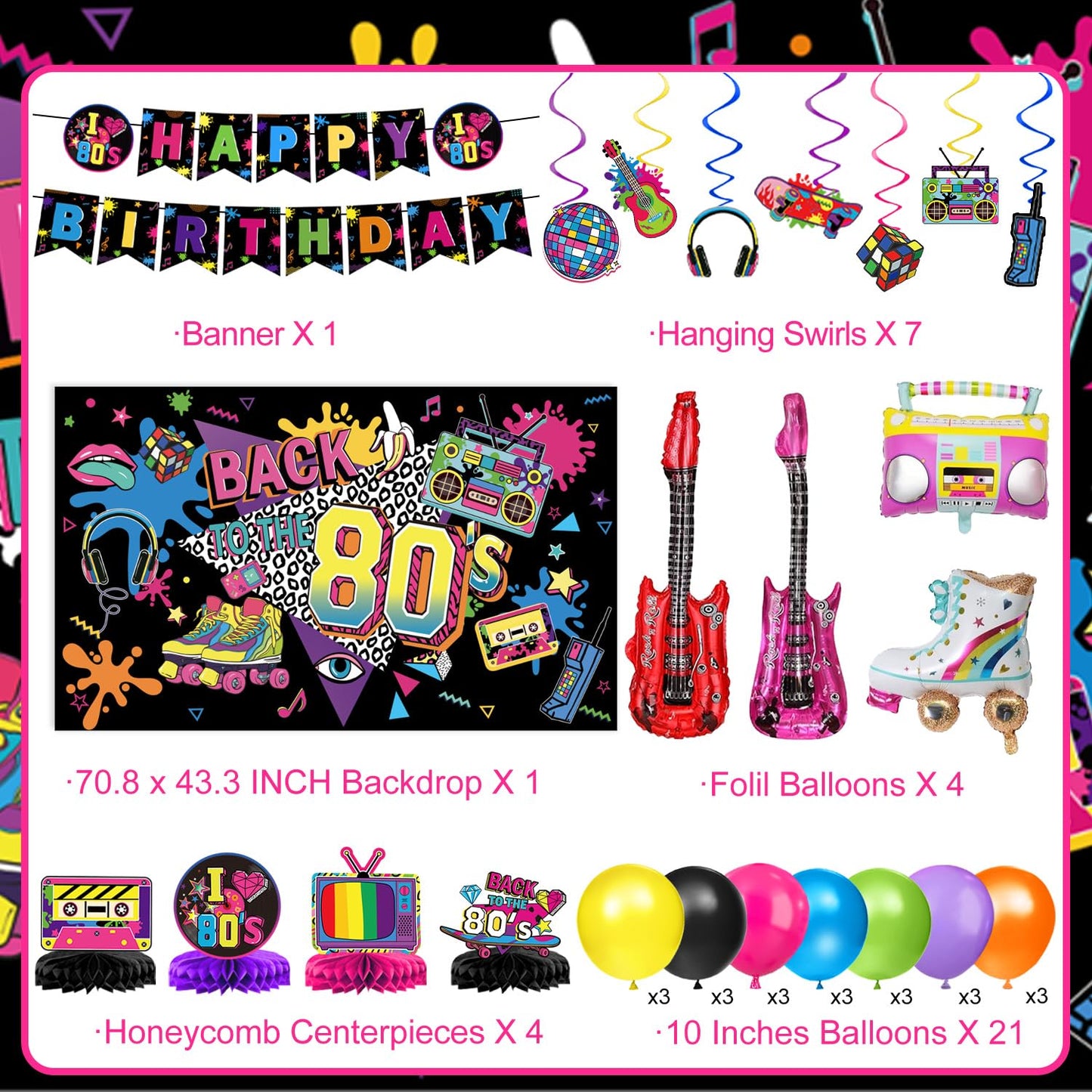 LINHAXM 80s Party Decorations – Backdrop, Banner, Balloons & Centerpieces for 80s/90s Parties