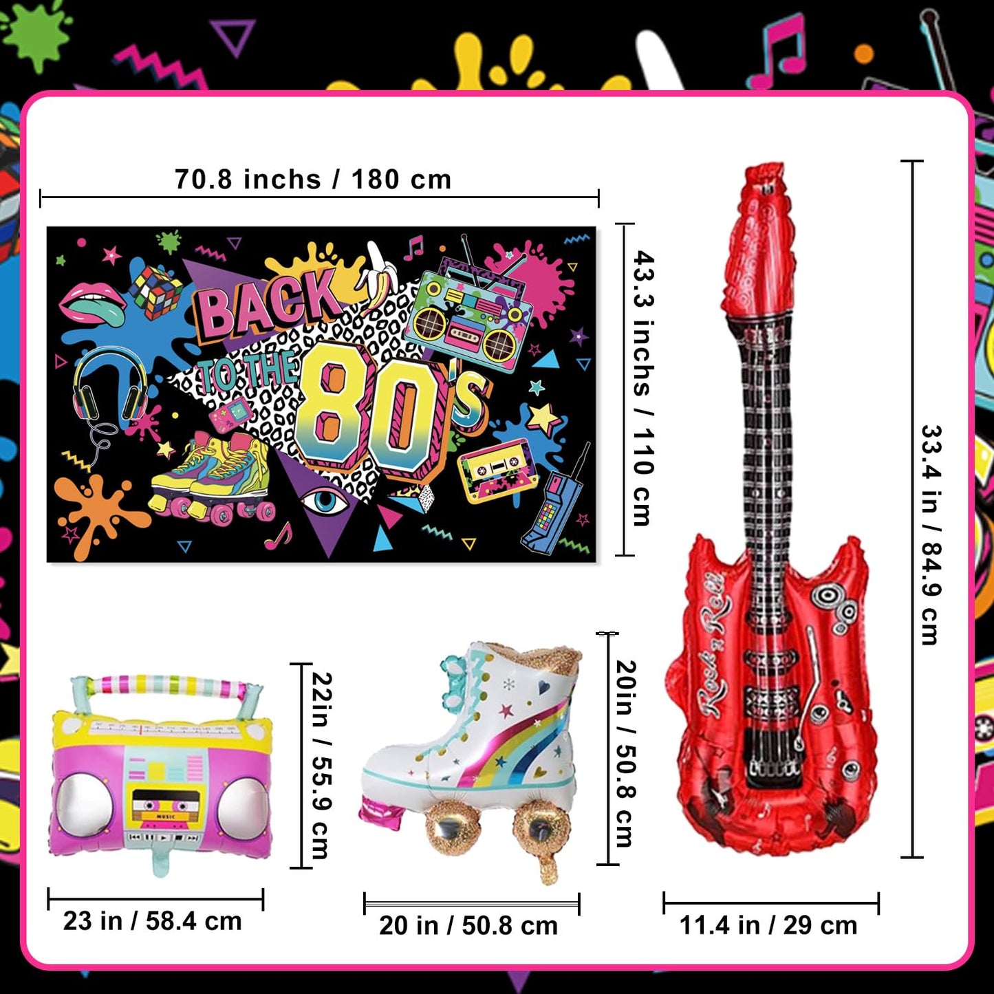 LINHAXM 80s Party Decorations – Backdrop, Banner, Balloons & Centerpieces for 80s/90s Parties